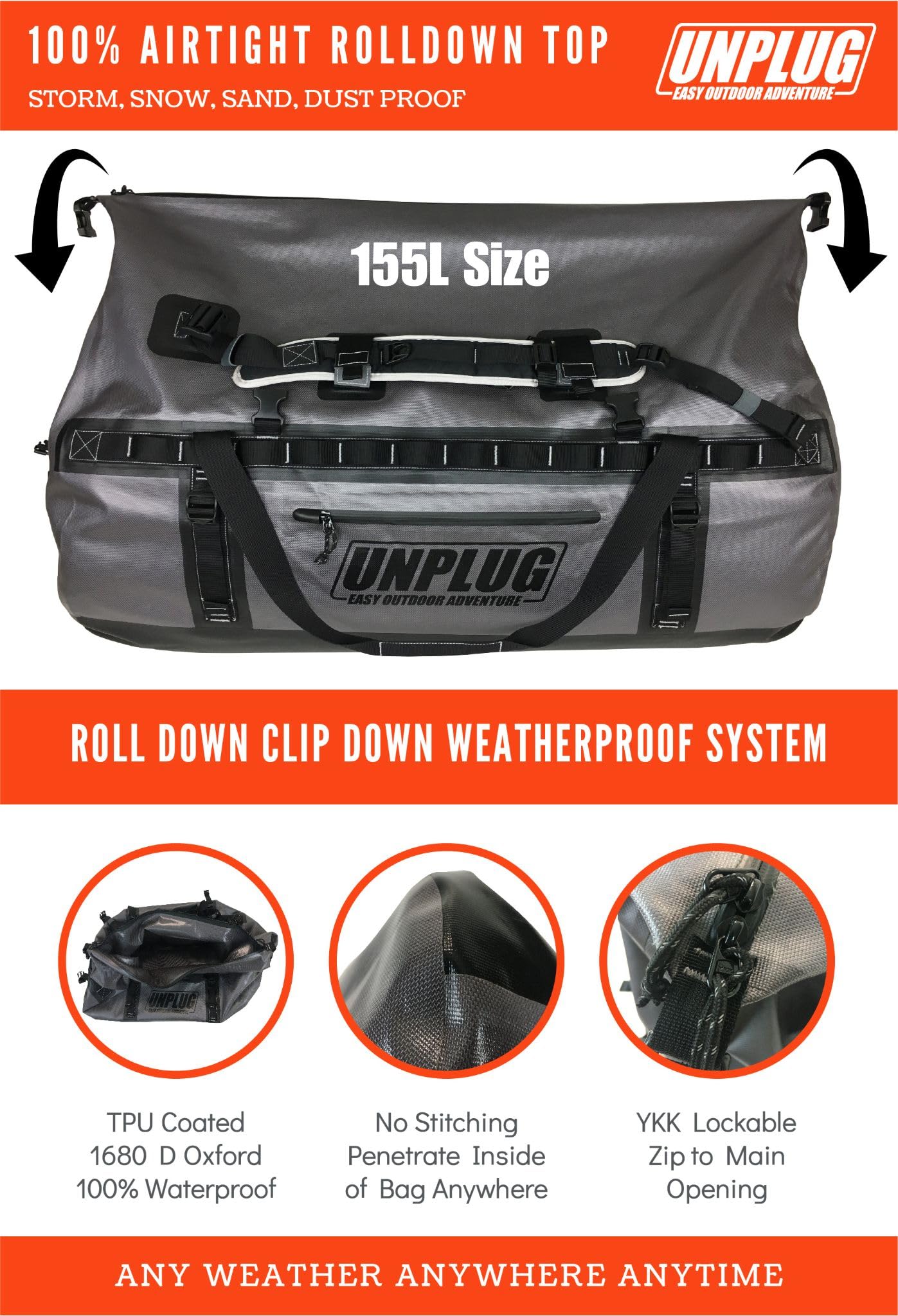 UNPLUG Ultimate Adventure Bag - 1680D Heavy Duty Waterproof Travel Duffel Bag for Camping, Hiking & Outdoor Activities | Motorcycle Dry Bag & Waterproof Boat Bag | Tactical Duffle Backpack for Travel, Military & Emergency Preparedness