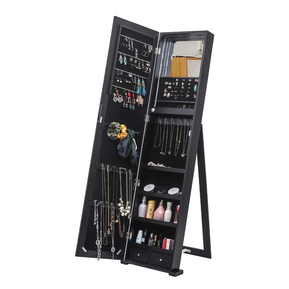 GT7-XB 79 Blue LED Jewelry Cabinet with Full-Length Mirror - Upright Jewelry Organizer Storage for Necklaces, Rings & Earrings - Perfect for Bedroom, Closet & Dressing Room (Black)