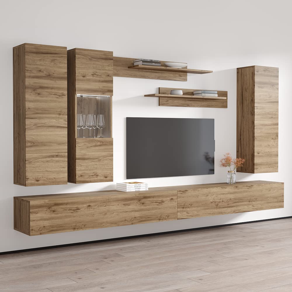 Modern Floating TV Stand with Storage & LED Lights - Wall-Mounted Entertainment Center Console for Bedroom & Living Room - Oak Wood TV Cabinet with Shelves - Perfect for Small Spaces & Home Theater Setup