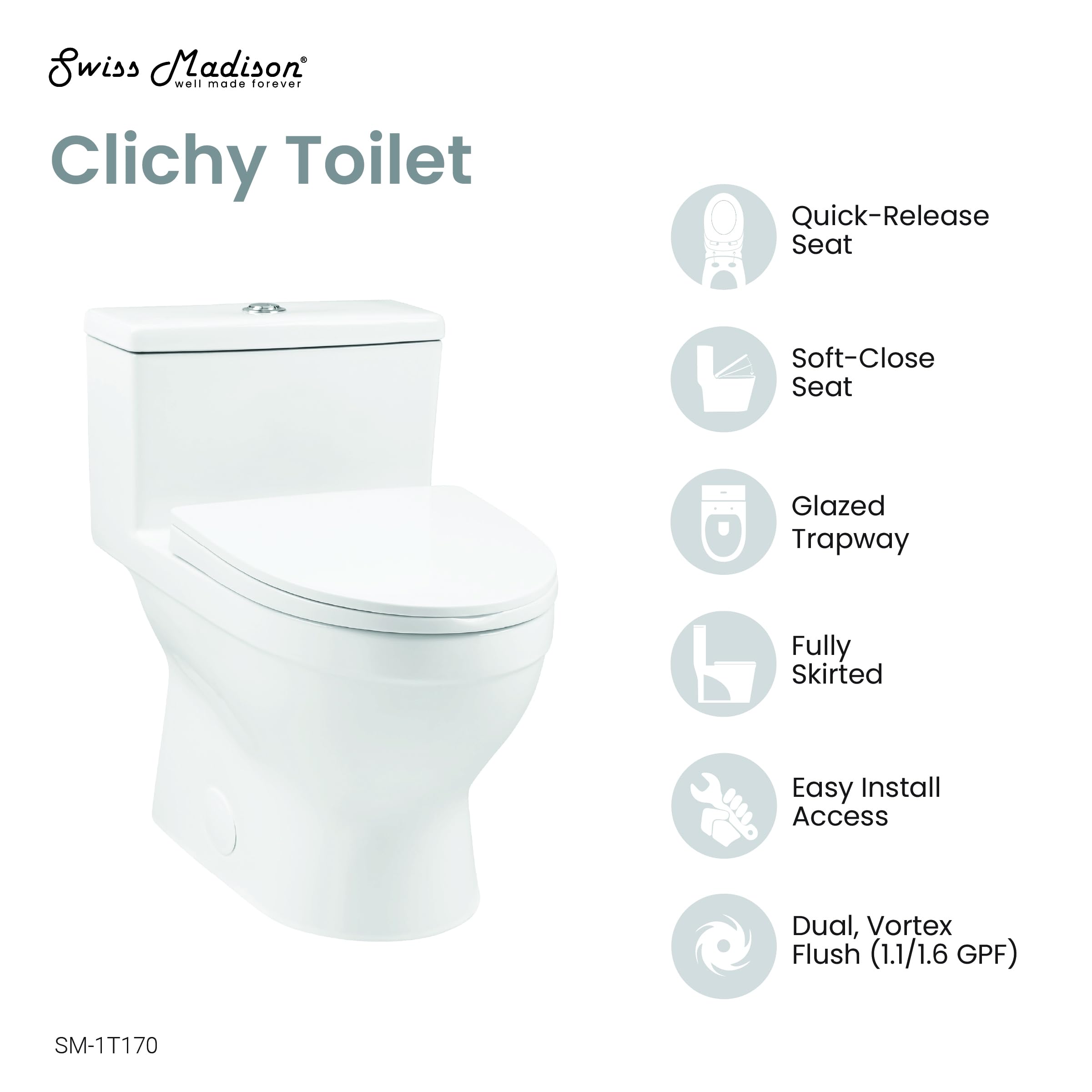 Clichy One-Piece Elongated Toilet with Dual-Flush Technology (1.1/1.6 GPF) - Water Efficient Bathroom Solution for Modern Homes