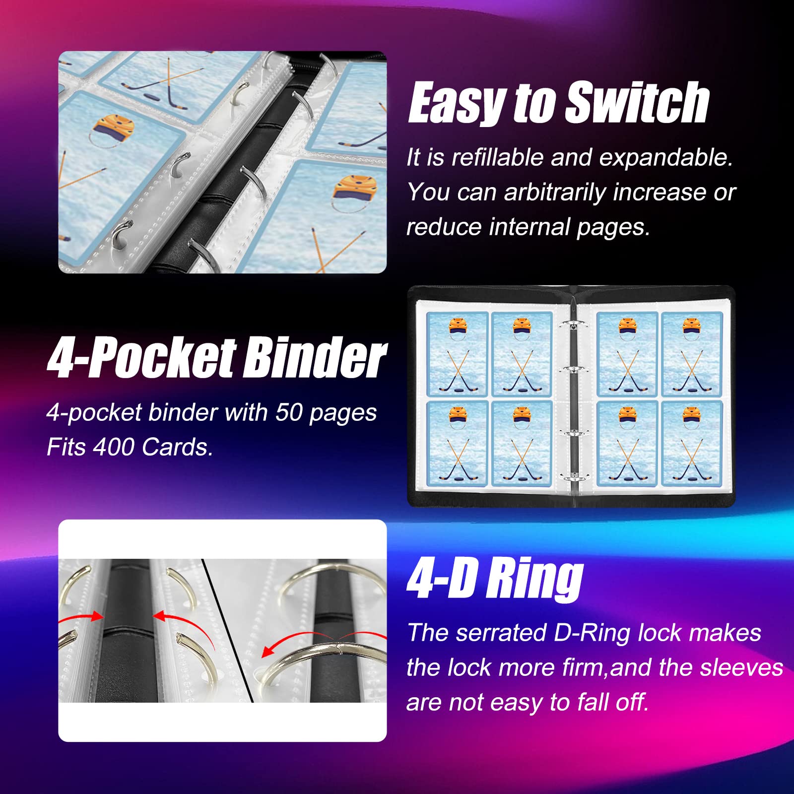 Hockey Card Binder - 4-Pocket Trading Card Holder with 50 Removable Double-Sided Sleeves, Fits 400 Sports Cards | Portable Card Album Case for Collectors | Perfect for Organizing & Protecting Hockey, Baseball & Trading Card Collections