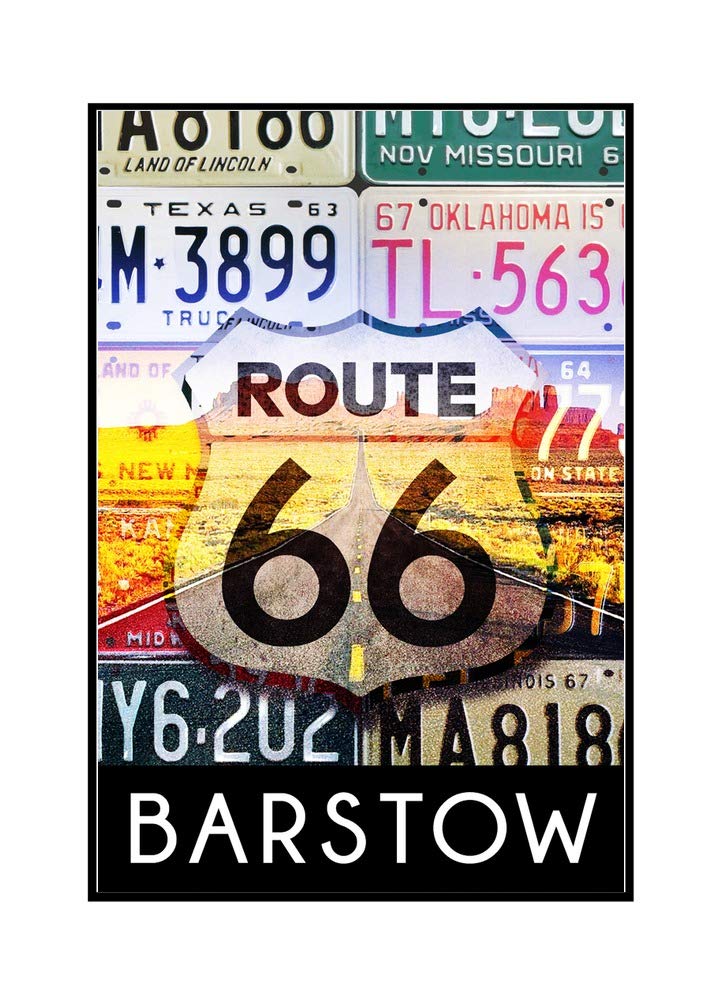 Vintage Route 66 Barstow California License Plate Wall Art - 24x36 Framed Canvas Print - Retro Americana Decor for Man Cave, Garage & Road Trip Enthusiasts