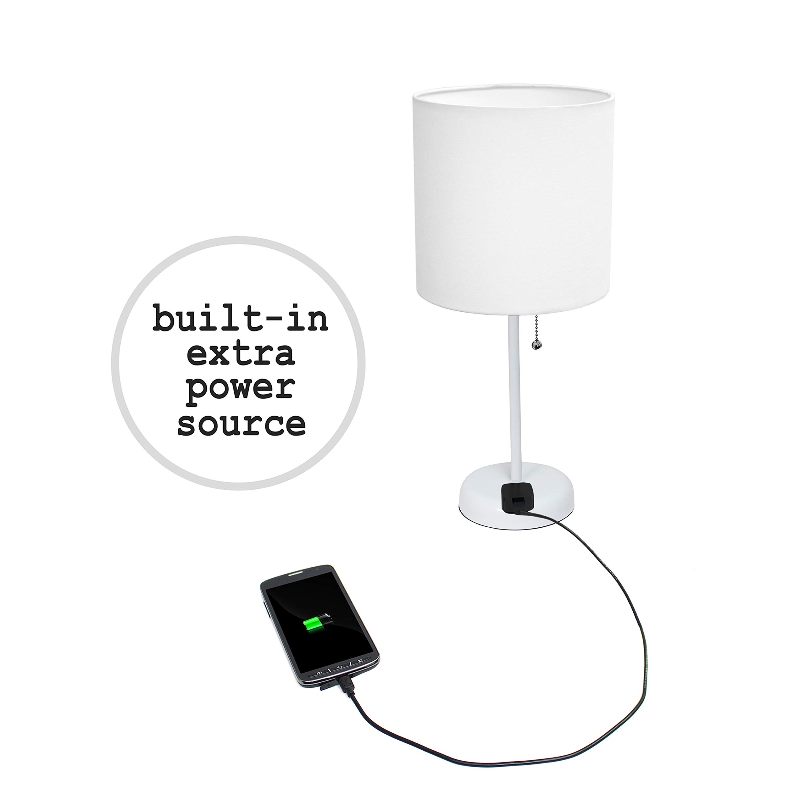 Simple Designs LT2024-WOW White Stick Table Desk Lamp with USB Charging Outlet & Drum Fabric Shade - Modern Office Lighting for Home, Study, Bedroom & Workspace