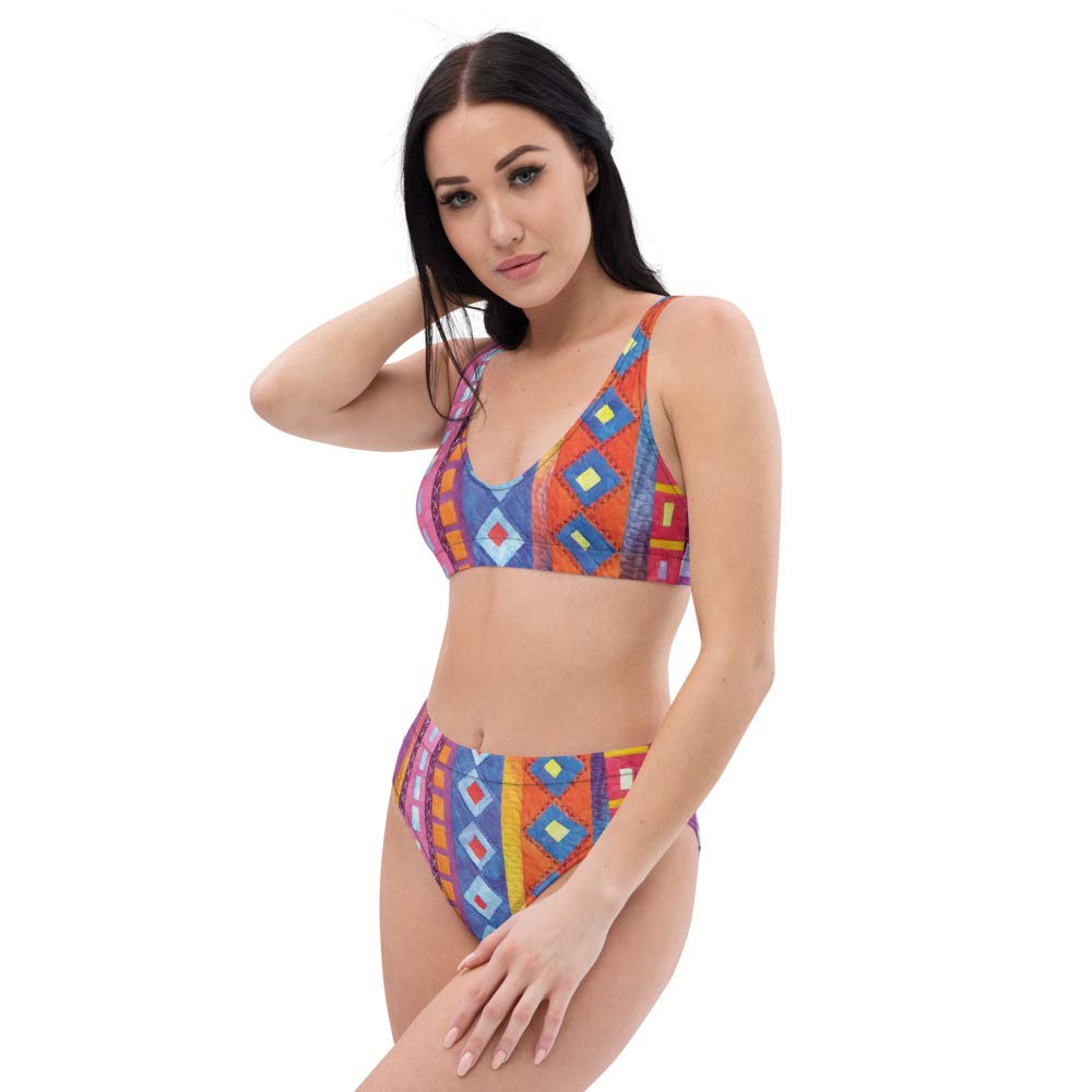 Eco-Friendly High Waisted Bikini Set for Women - Rainbow Geometric Striped Swimwear | Perfect for Beach Vacations, Pool Parties & Summer Getaways