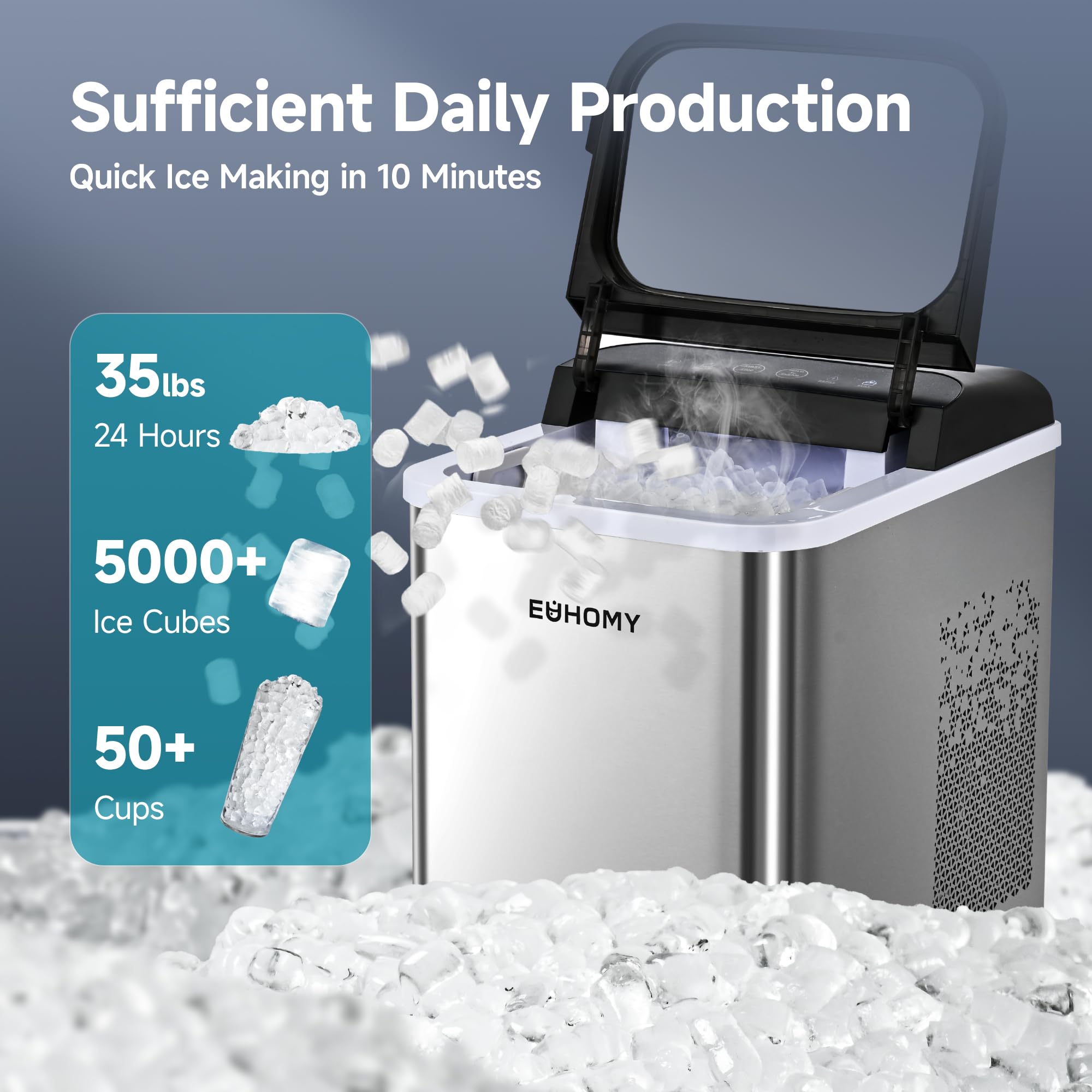 EUHOMY Countertop Nugget Ice Maker - 35lbs/24H, 8-Minute Fast Ice Production, Self-Cleaning Portable Ice Machine with Scoop & Basket - Chewable Pellet Ice for Home, Office, Parties, RV, Camping & Outdoor Adventures