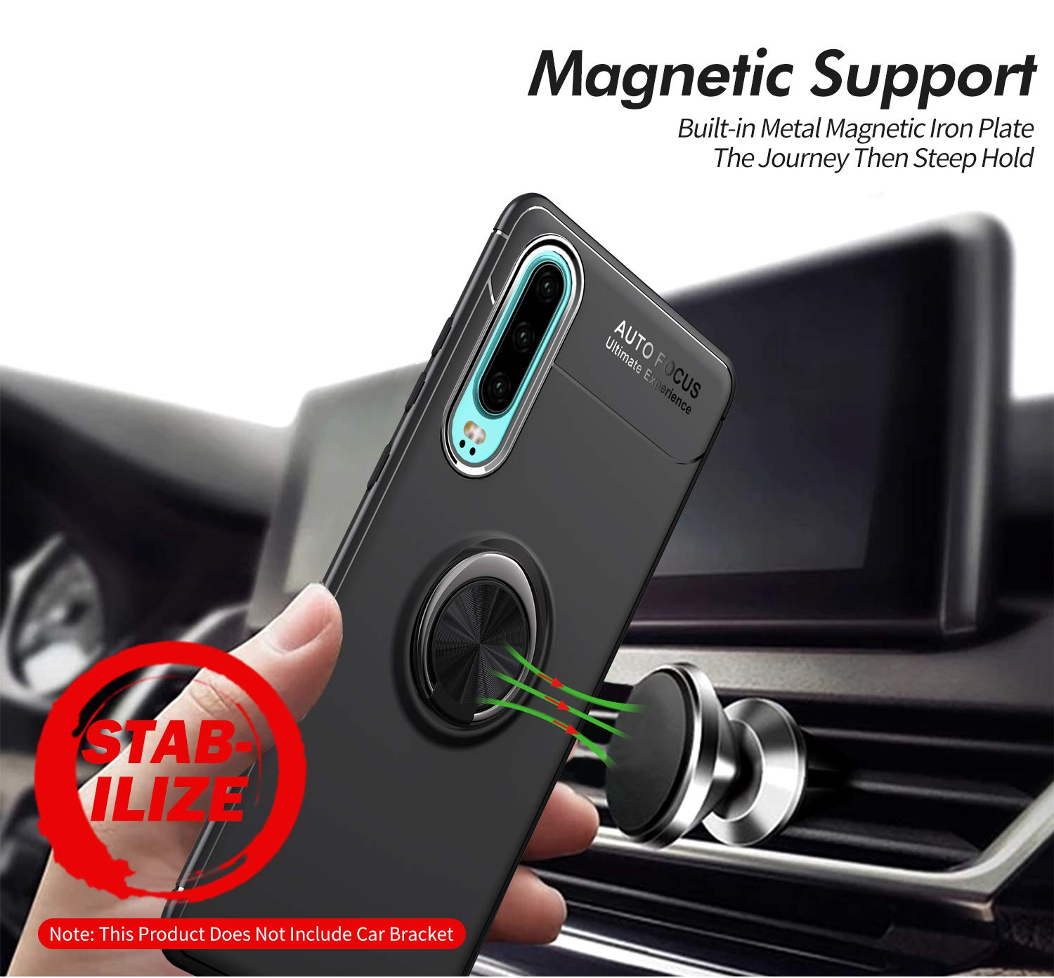 iCoverCase Compatible with Huawei P30 Case with Rotatable Metal Ring Holder & Kickstand - Shockproof Anti-Scratch Ultra-Slim Protective Cover (Blue+Black) | Works with Magnetic Car Mount | Perfect for Driving, Travel & Daily Use