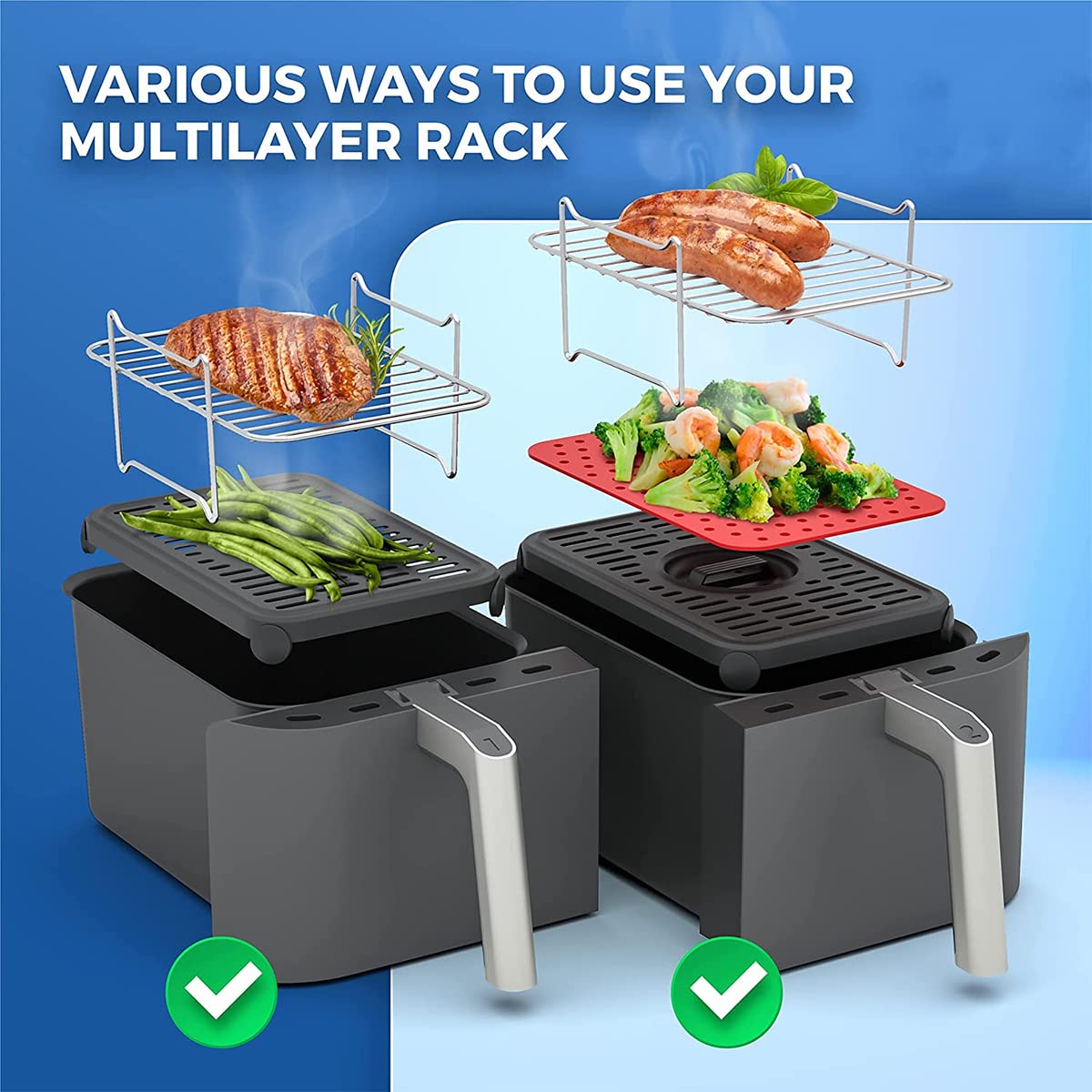 Stainless Steel Air Fryer Rack for Double Basket - Universal Cooking & Grilling Accessory for Air Fryers, Ovens & Microwaves - Perfect for Baking, Roasting & Toasting | Ideal for Healthy Meals, Snacks & Family Cooking