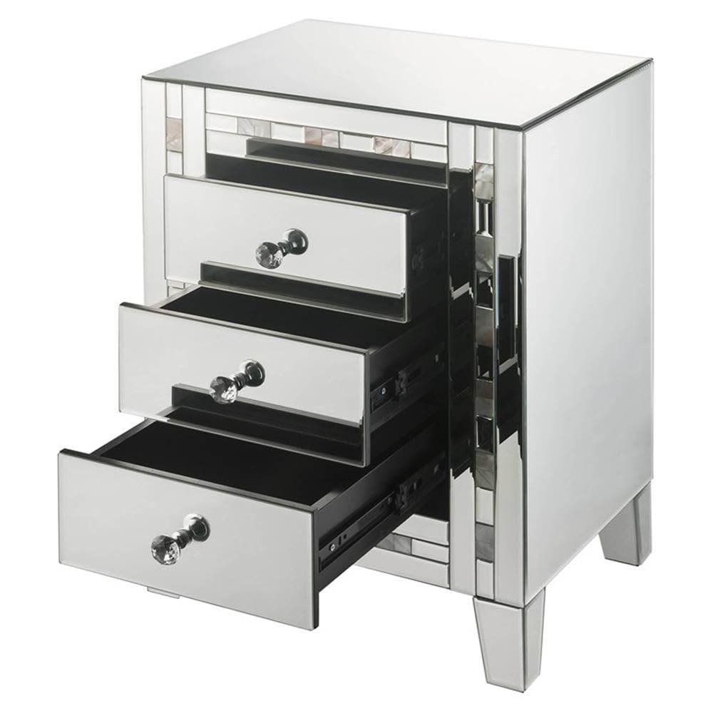 Acme NASA Glass Nightstand with 3 Drawers - Mirrored & Mother of Pearl Finish - Modern Bedroom Furniture for Small Spaces & Contemporary Home Decor