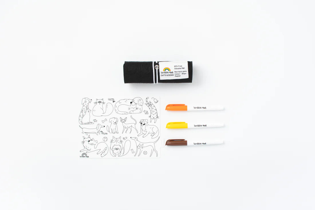 Reusable Mini Scribble Mat Set for Kids - Cats & Dogs Design | Doodle Drawing Board for Toddlers | Perfect for Travel, Restaurants & Home Playtime