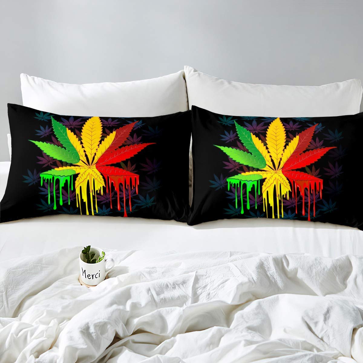 Trippy Cannabis Leaves Duvet Cover Set - Marijuana Weed Botanical Full Size Bedding (1 Quilt Cover + 2 Pillowcases) for Hippie, Stoner & Boho Bedroom Decor