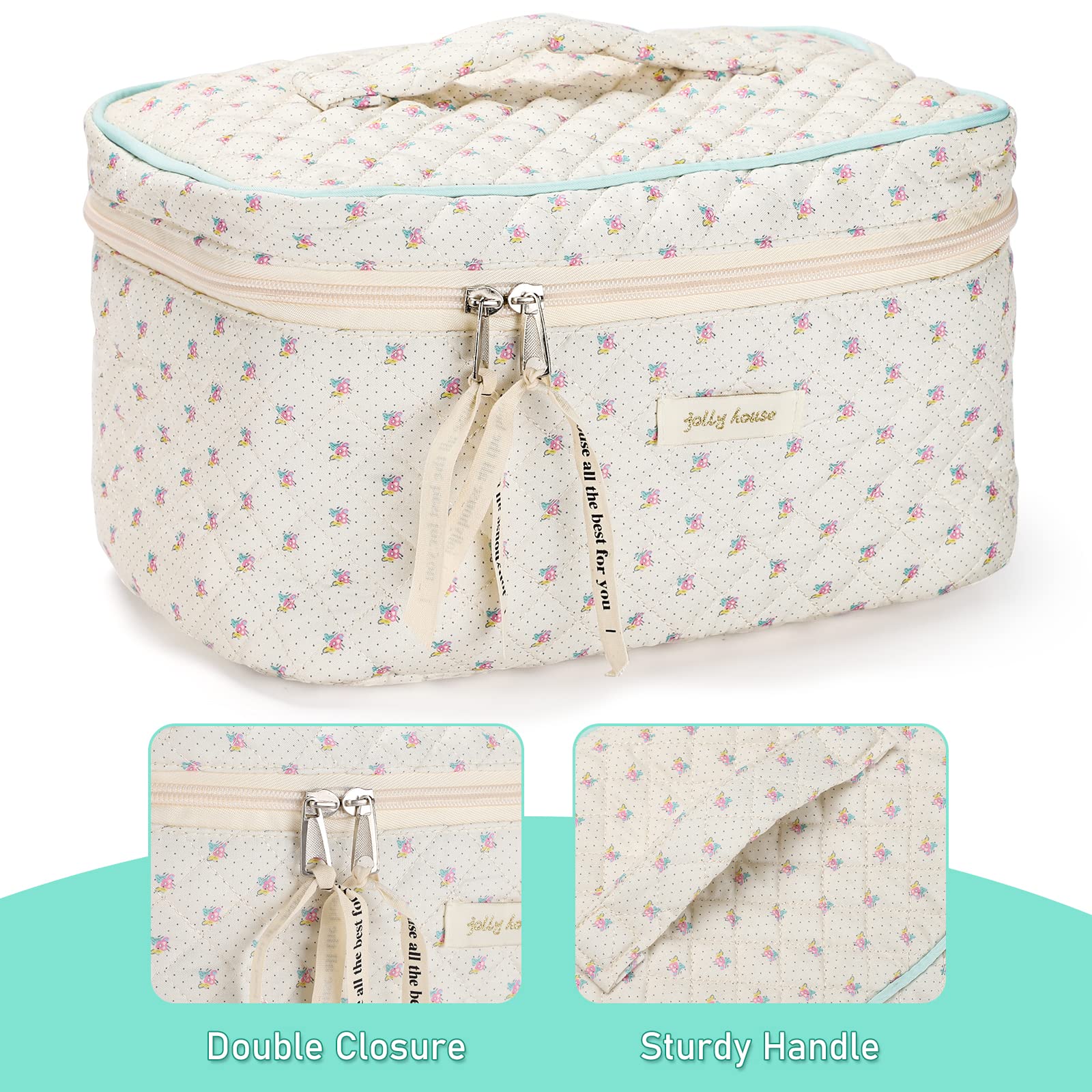 Sightor Large Quilted Cotton Makeup Bag for Women - Cute Floral Cosmetic Travel Toiletry Bag with Handle, Beige | Perfect for Travel, Gym, Daily Organizer & Gift