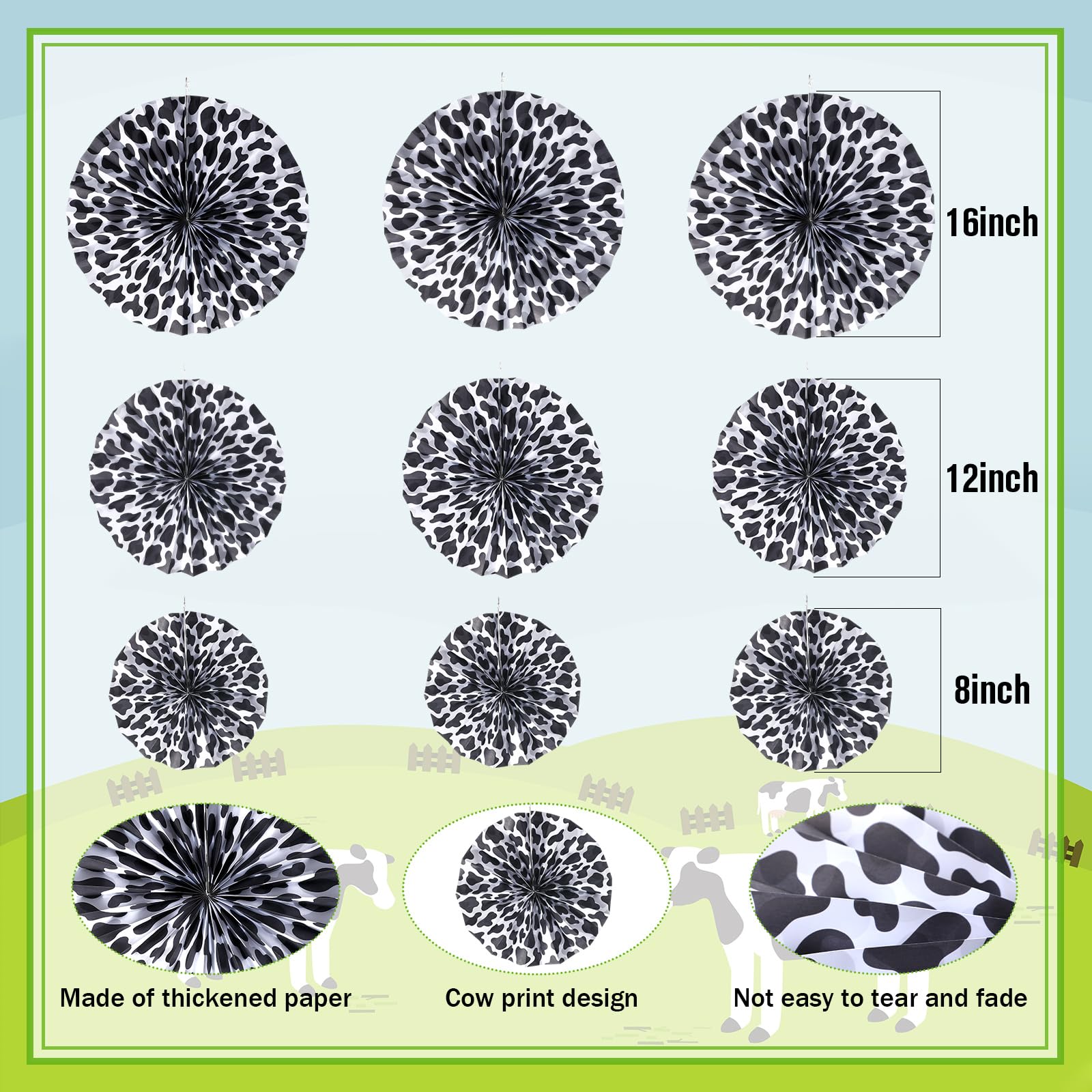 Outus 9-Piece Cow Print Paper Fans - Farm Animal Classroom Decor, Dalmatian Print Party Supplies for Western Birthday & Baby Shower (Black & White) | Perfect for Farm Theme Parties, School Events & Nursery Decorations