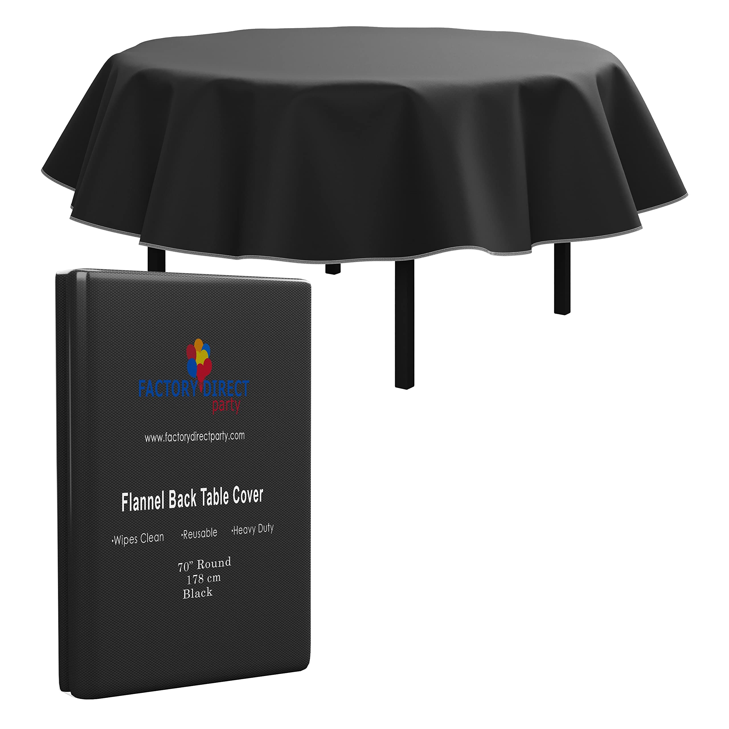 Premium 70-Inch Round Black Vinyl Tablecloth with Flannel Backing - Waterproof & Wrinkle-Resistant Plastic Table Cover for Dining, Parties, and Events - Pack of 1