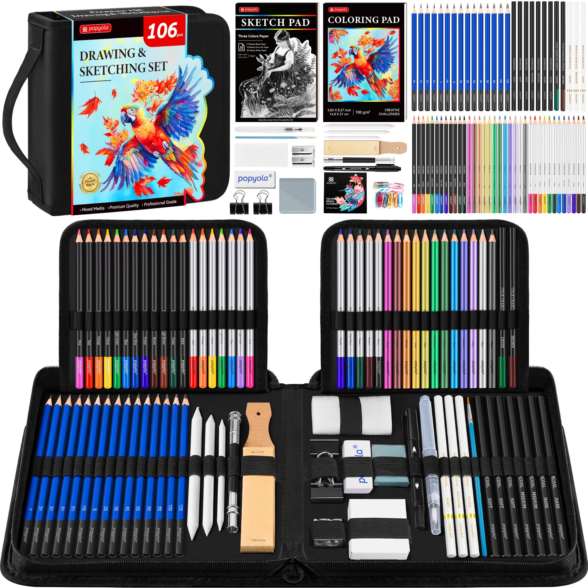 106-Piece Professional Drawing Set - Sketching Kit with 3-Color Sketchbook, Coloring Book, Graphite & Charcoal Pencils | Complete Art Supplies for Adults & Kids | Perfect for Sketching, Watercolor Painting & Gift Giving