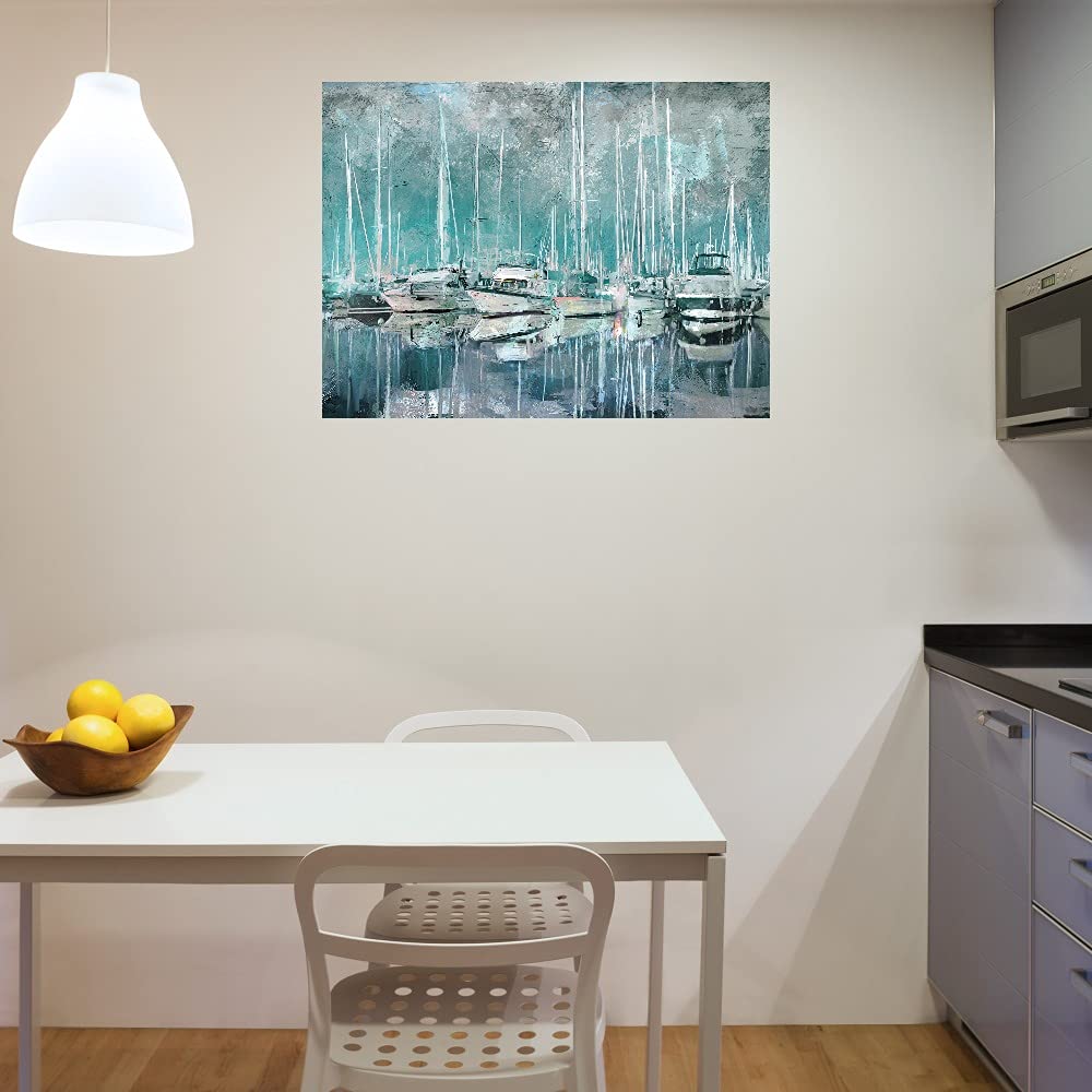 Fine Art Canvas Harbor Masts Wall Decor - Hand Painted Nautical Painting for Living Room, Bedroom, Office - Ready to Hang 32x24 Inches - Perfect for Coastal & Beach House Decor