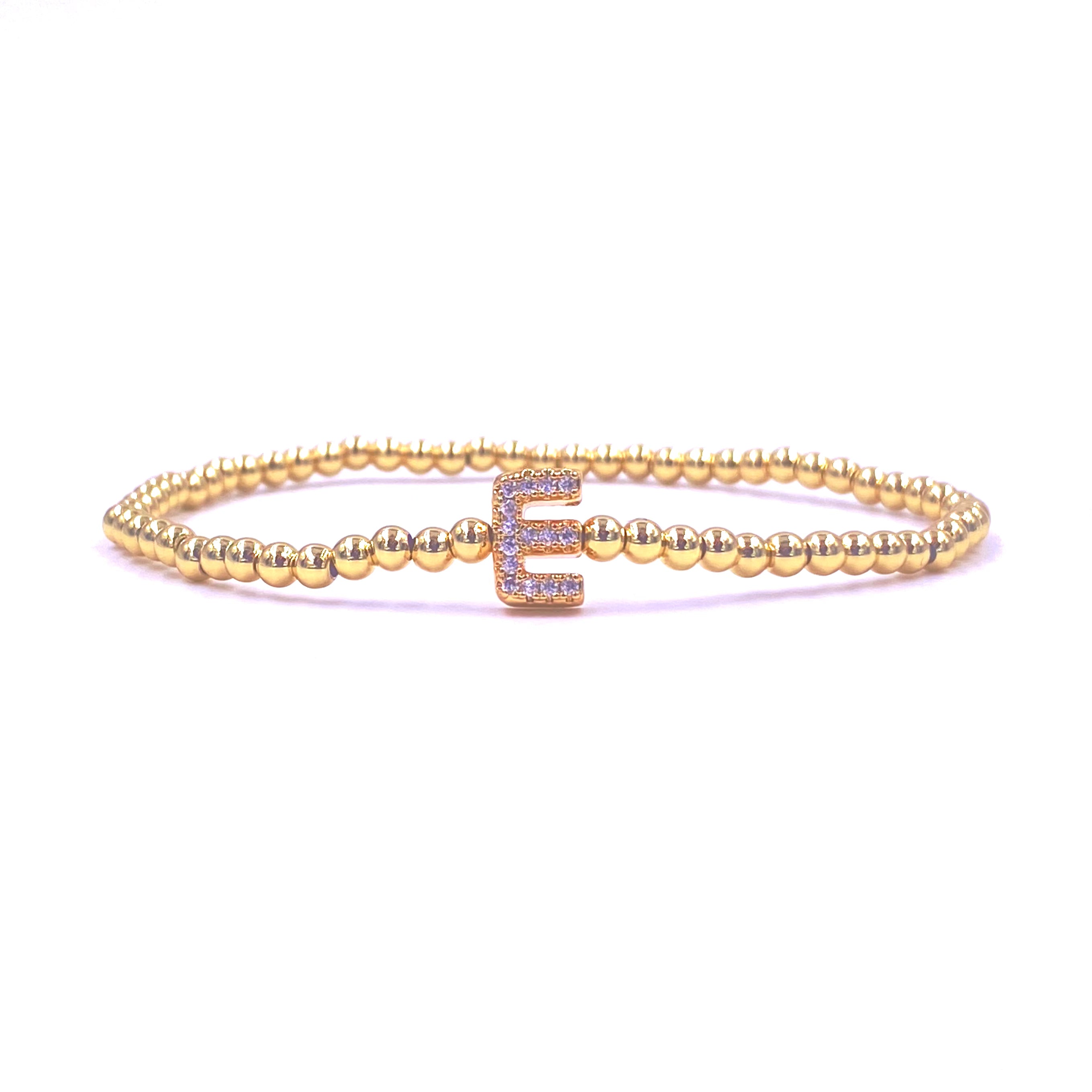 Ashley Gold Stainless Steel Gold Plated CZ Initial Bead Stretch Bracelet for Women - Elegant Beaded Jewelry for Parties, Weddings & Everyday Wear