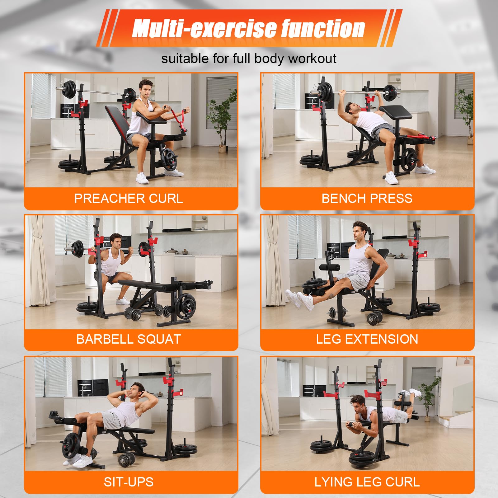 Aceshin 900 LBS Adjustable Olympic Weight Bench with Squat Rack - Multi-Function Home Gym Equipment for Bench Press, Leg Extension & Preacher Curl | Perfect for Strength Training, Bodybuilding & Home Workouts