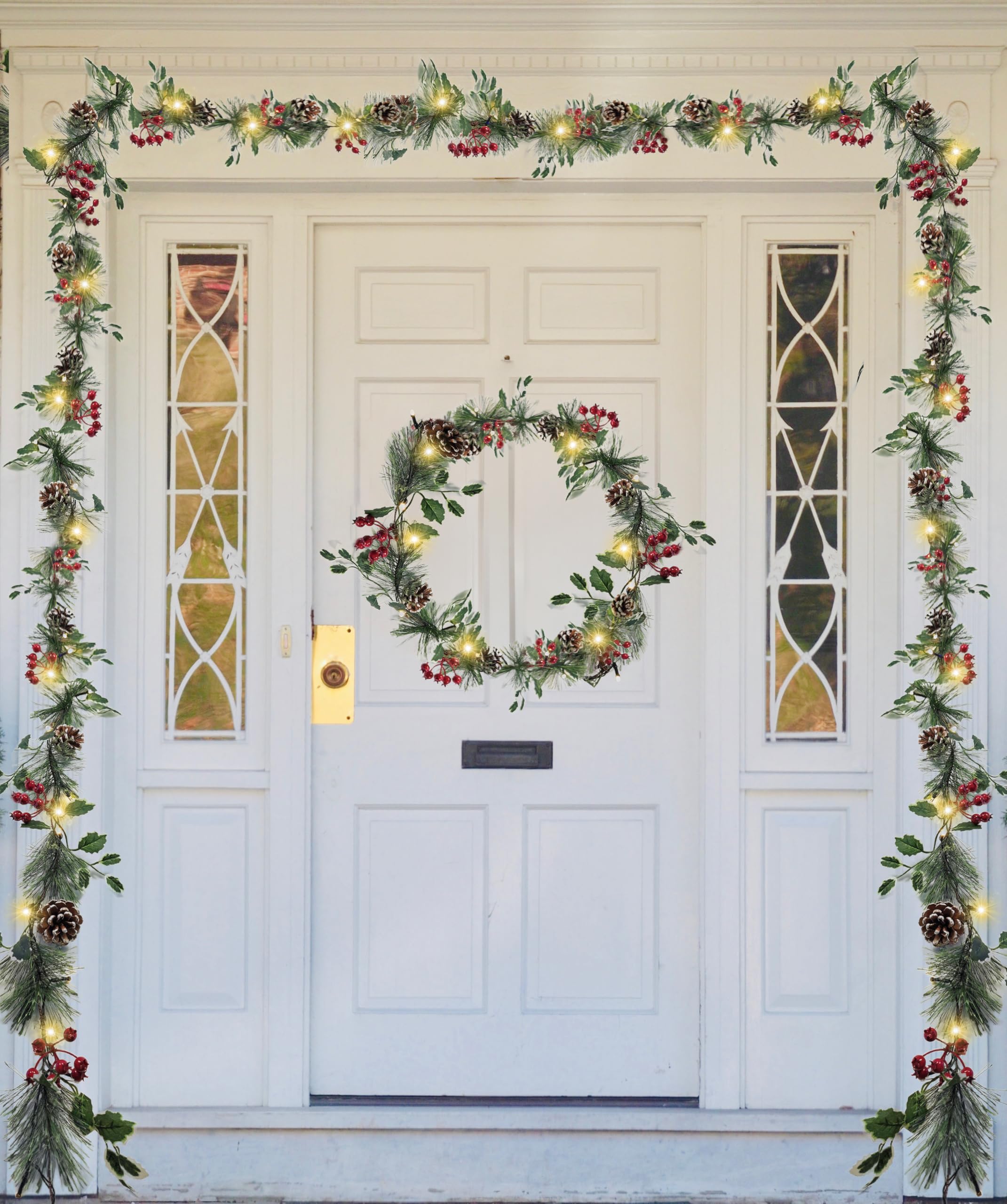 6FT Smokey Pine Prelit Christmas Garland with Timer - Battery Operated LED Holly Garland for Stairs, Railing, Mantle & Fireplace Decor - Perfect for Holiday Parties, Home & Office Christmas Decorations