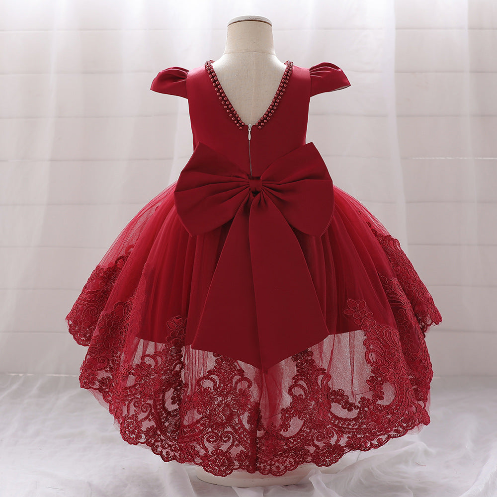 Burgundy Princess Jewel Neck Tea-Length Satin Flower Girl Dress for Weddings, Pageants & Special Occasions