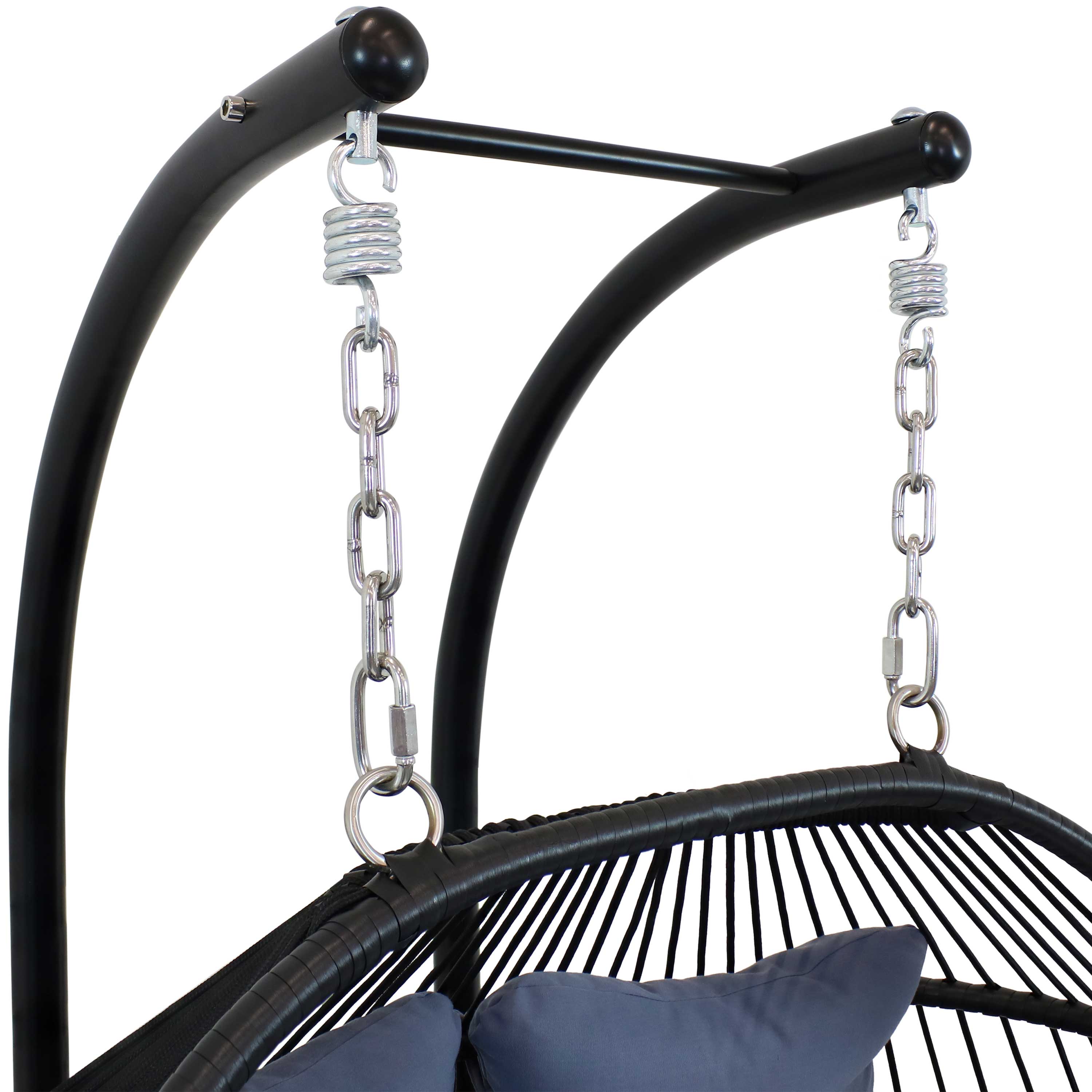Sunnydaze Liza Loveseat Egg Chair with Gray Cushions and Stand - Outdoor Hanging Swing Chair for Patio, Garden, and Backyard Relaxation