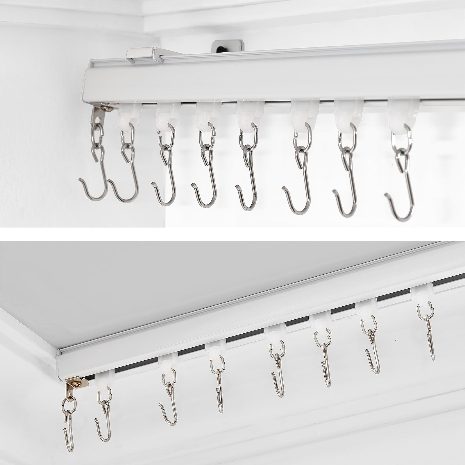 TWOPAGES White Ceiling Track for Curtains with Hooks - 9ft to 12ft Wide Room Divider Curtain Rail System - Perfect for Living Rooms, Bedrooms & Office Partitions