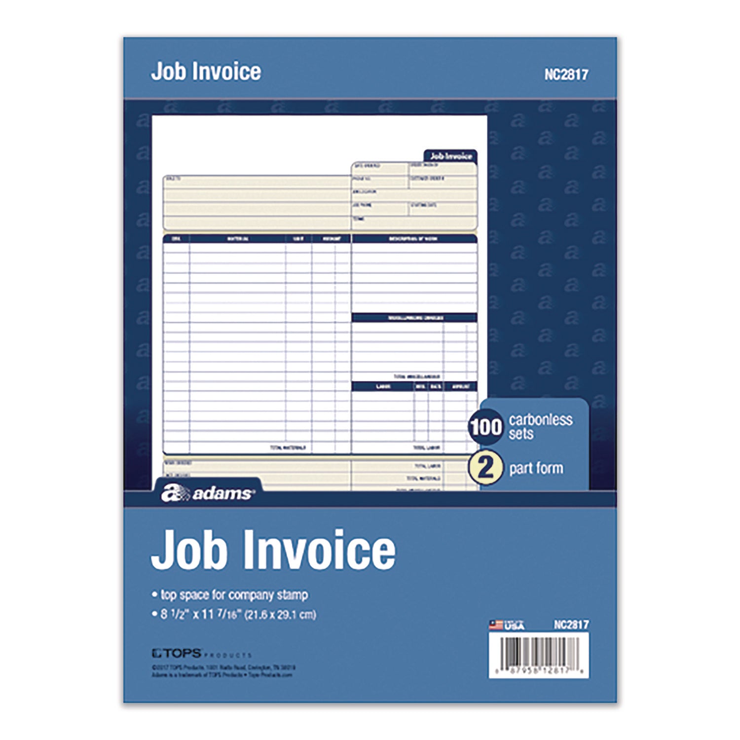 Adams® Carbonless Two-Part Multipart Job Invoice Forms, 8.5
