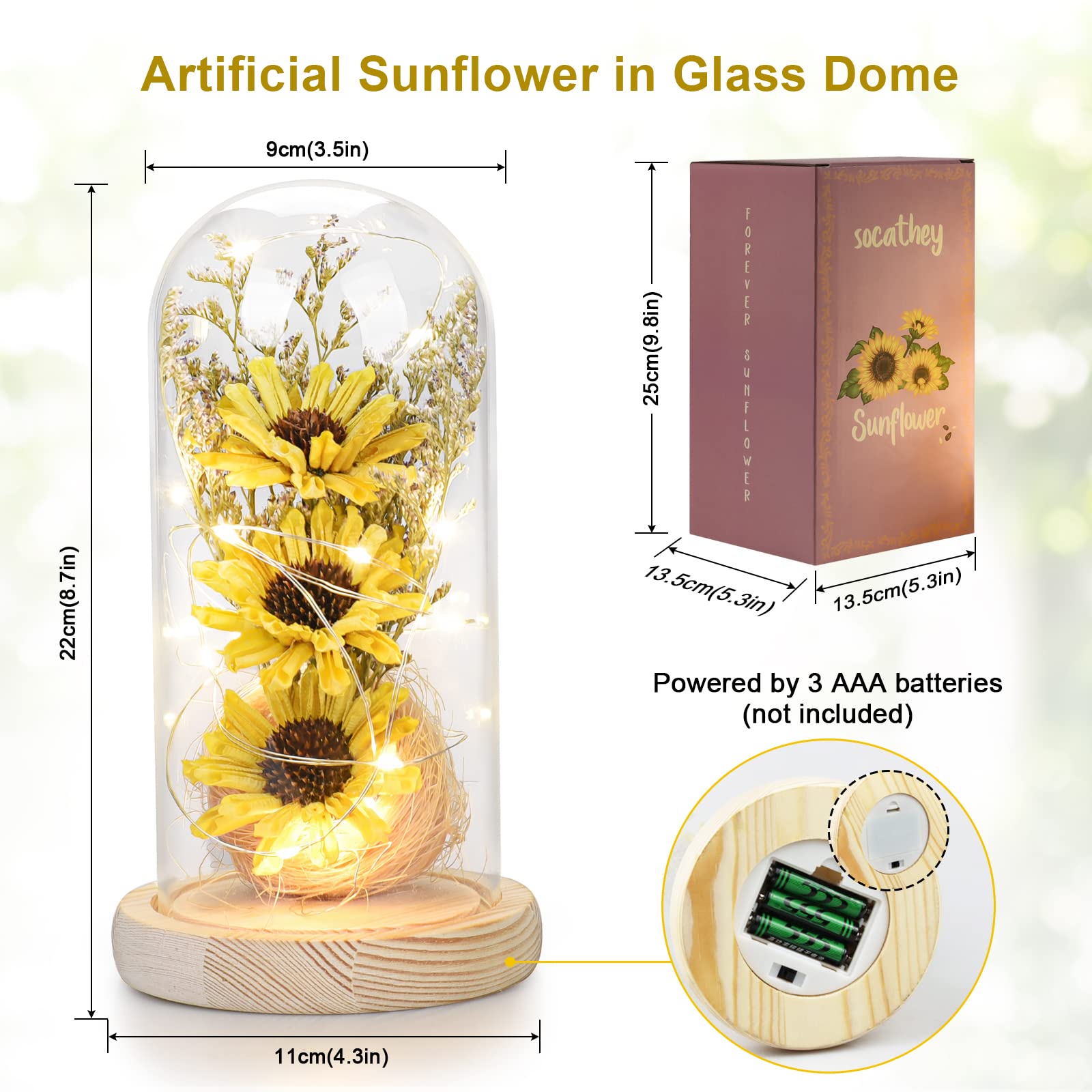 Sunflower Gifts for Women - LED Artificial Sunflowers in Glass Dome, Birthday & Holiday Gift for Mom, Grandma - Mother's Day, Christmas, Valentine's Day Home Decor (Yellow) - Perfect for Living Room, Bedroom, Office Desk & Wedding Centerpieces