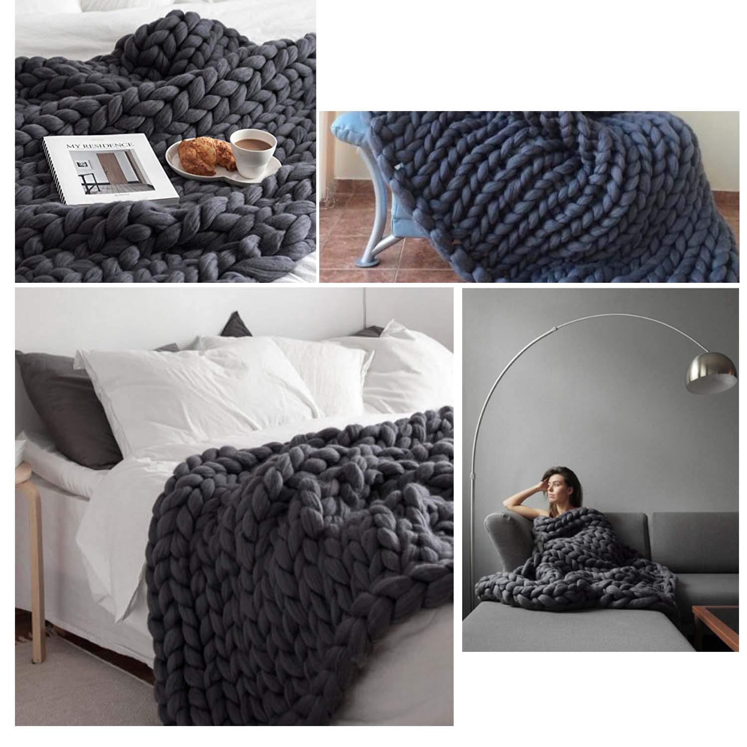 Chunky Knit Blanket - Handmade Bulky Yarn Throw for Bed, Sofa & Pet Bed - 80x80 Inch (200x200cm) Dark Grey Boho Home Decor - Perfect for Cozy Nights, Yoga & Living Room Accent