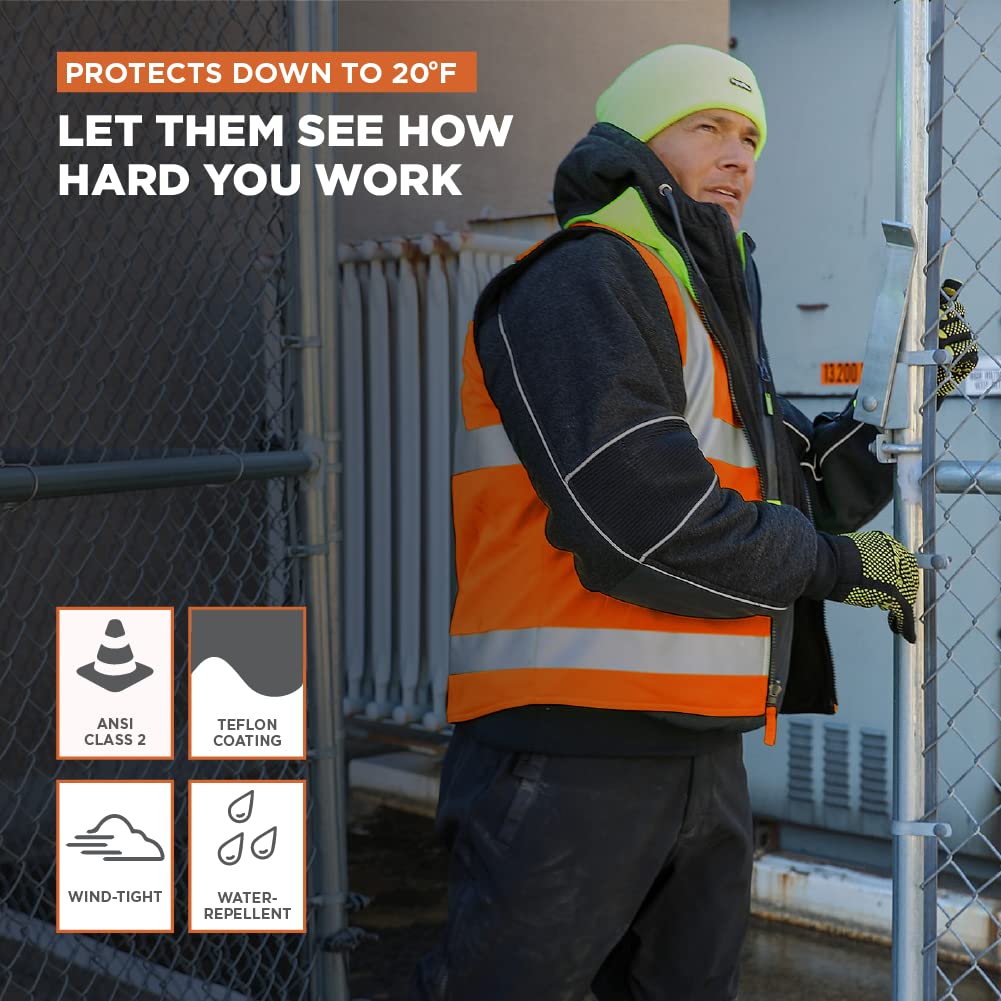 RefrigiWear Hi-Vis Reversible Softshell Safety Vest - ANSI Class 2 High Visibility Orange with Reflective Tape for Construction, Road Work & Outdoor Safety