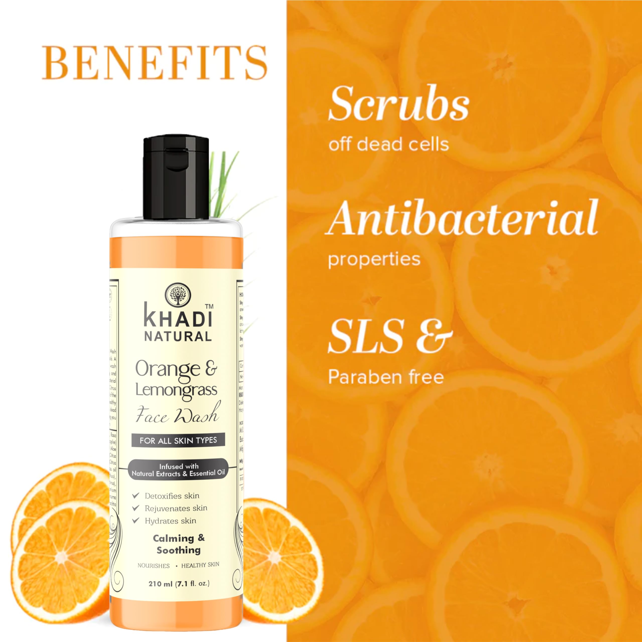 Khadi Natural Orange & Lemongrass Herbal Face Wash for Dry Skin - 210ml (Pack of 2) | Organic Cleanser with Citrus Extracts | Perfect for Morning & Night Skincare Routine