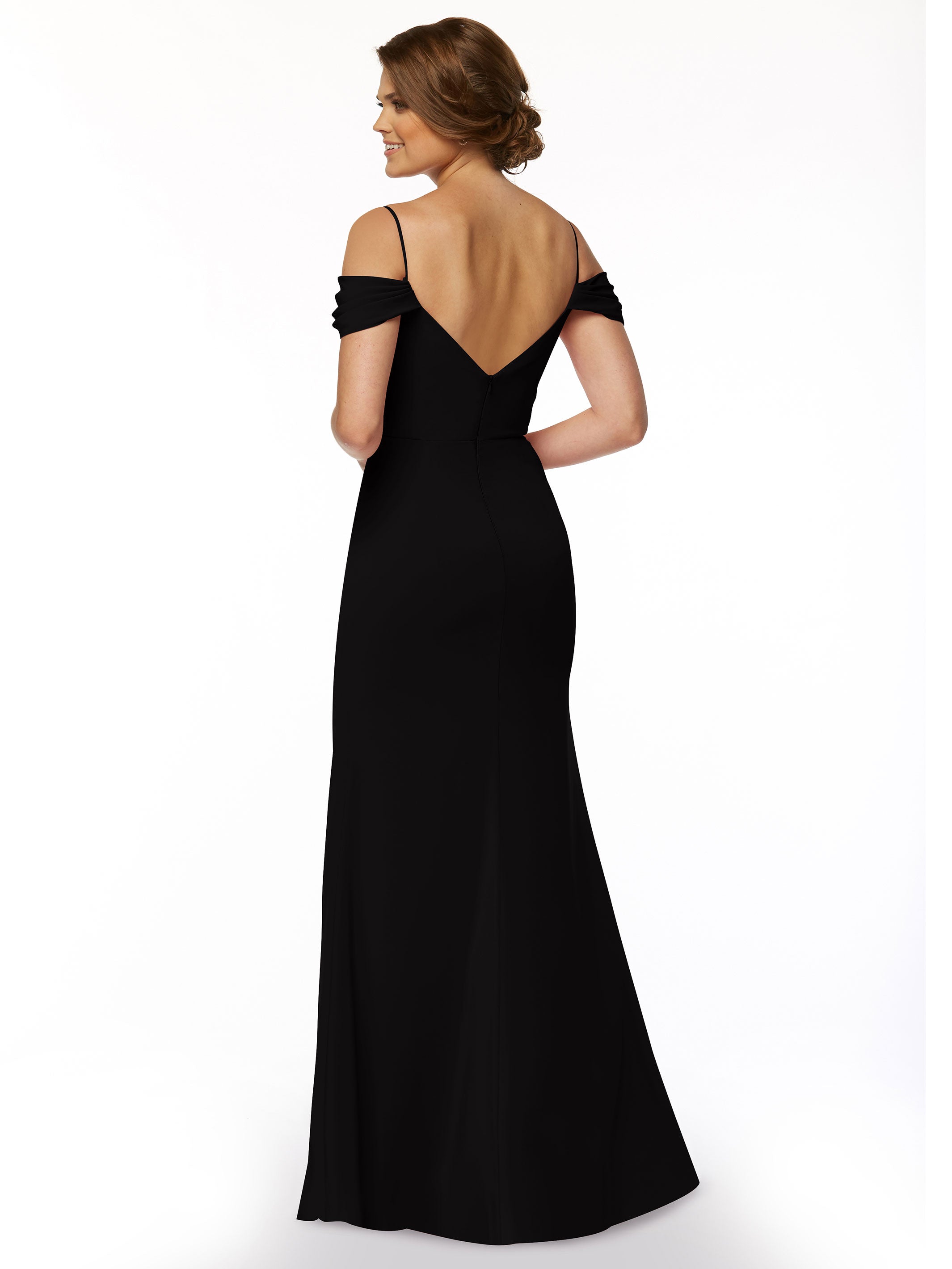 Elegant 83029 Stretch Chiffon Off-Shoulder Bridesmaid Dress with Thigh High Slit - Perfect for Weddings, Parties & Formal Events