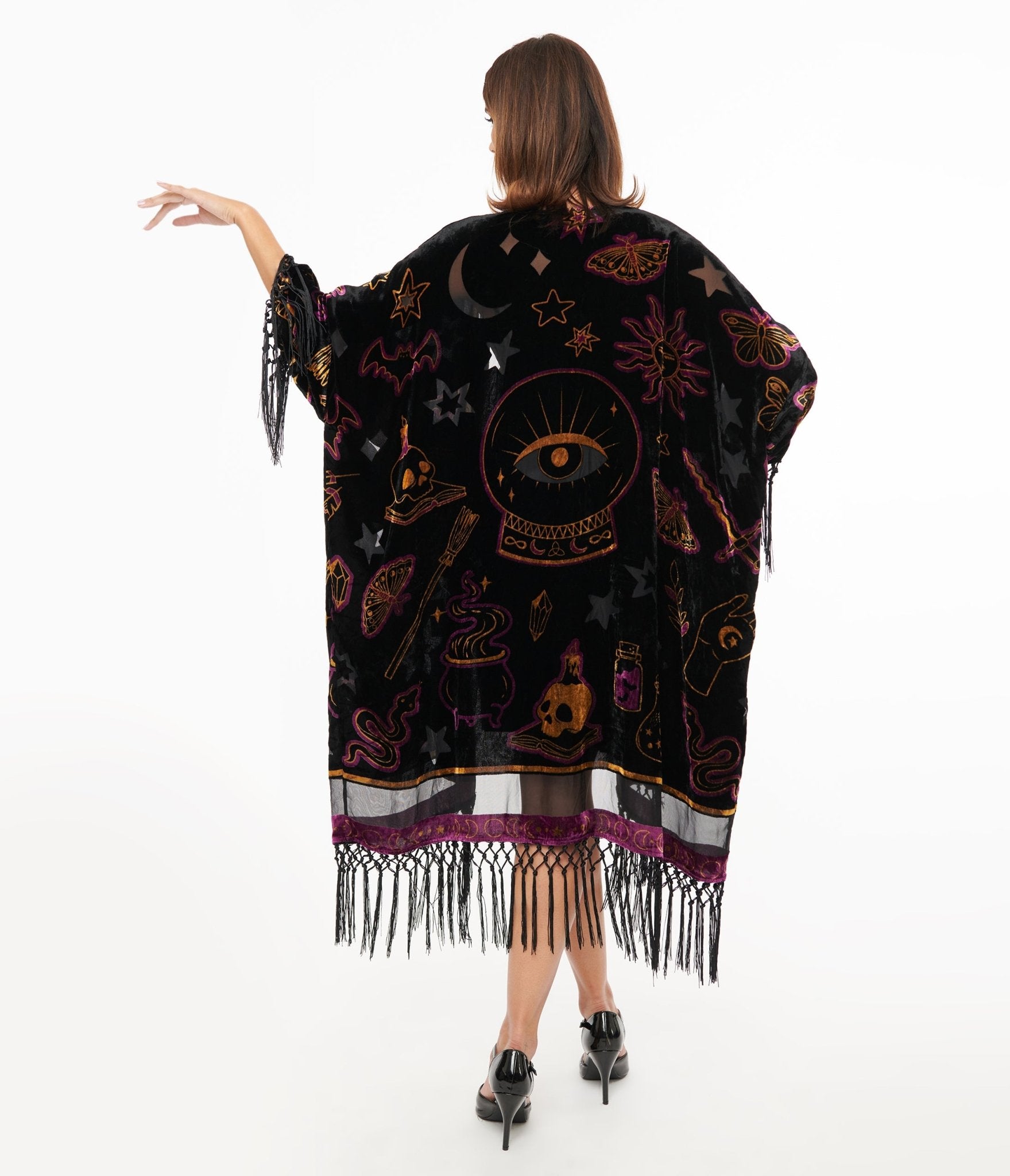 Vintage 1920s Black Velvet Burnout Kimono with Mystical Icons & Fringe Trim - Retro Flapper Costume for Halloween, Gatsby Parties & Boho Fashion