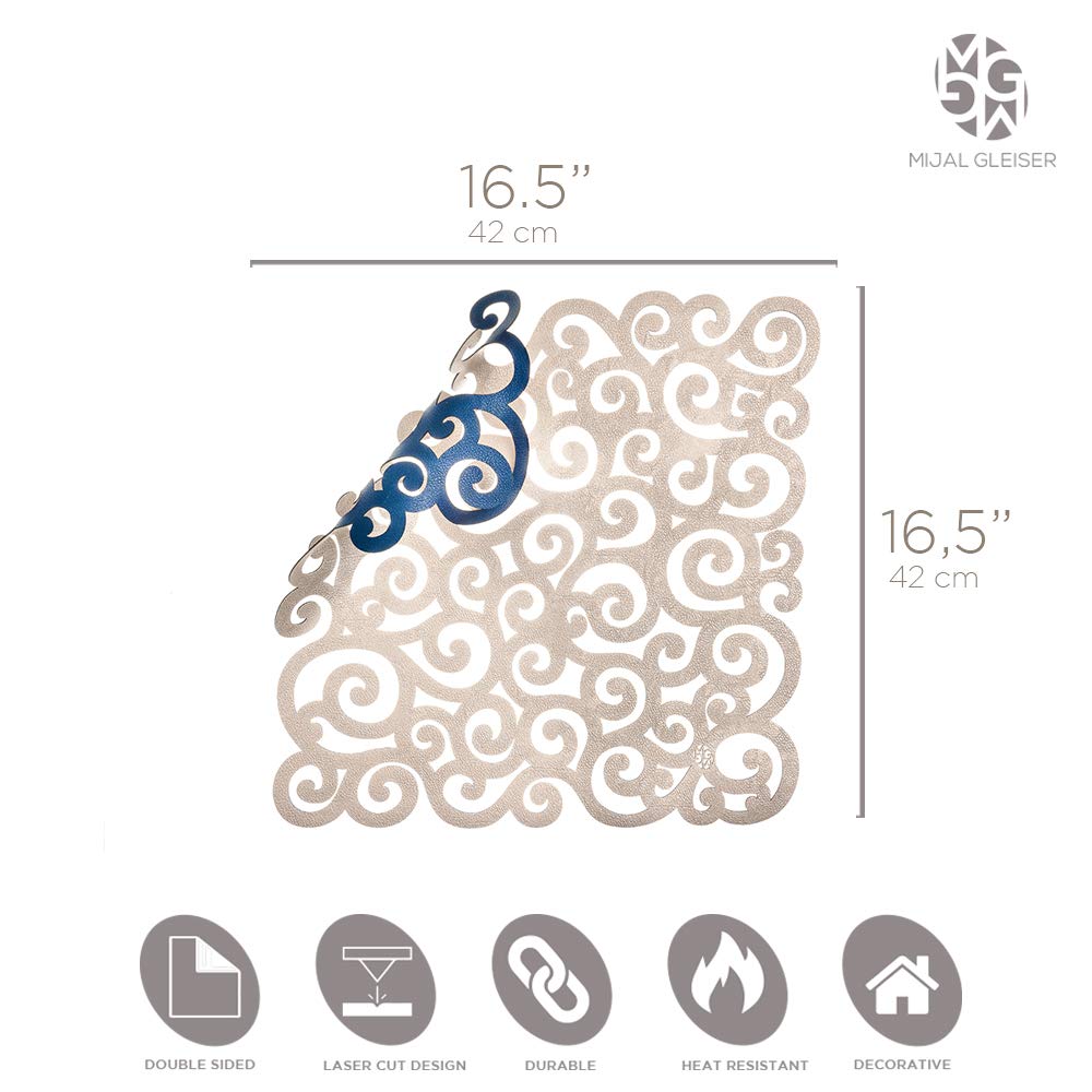 Mijal Gleiser Double Sided Placemats Set of 4 - Laser Cut Heat Resistant Non Slip Stain Resistant Table Mats - Sea Snail Collection Royal Blue Champagne - Perfect for Dining Table, Kitchen, Party & Home Decor