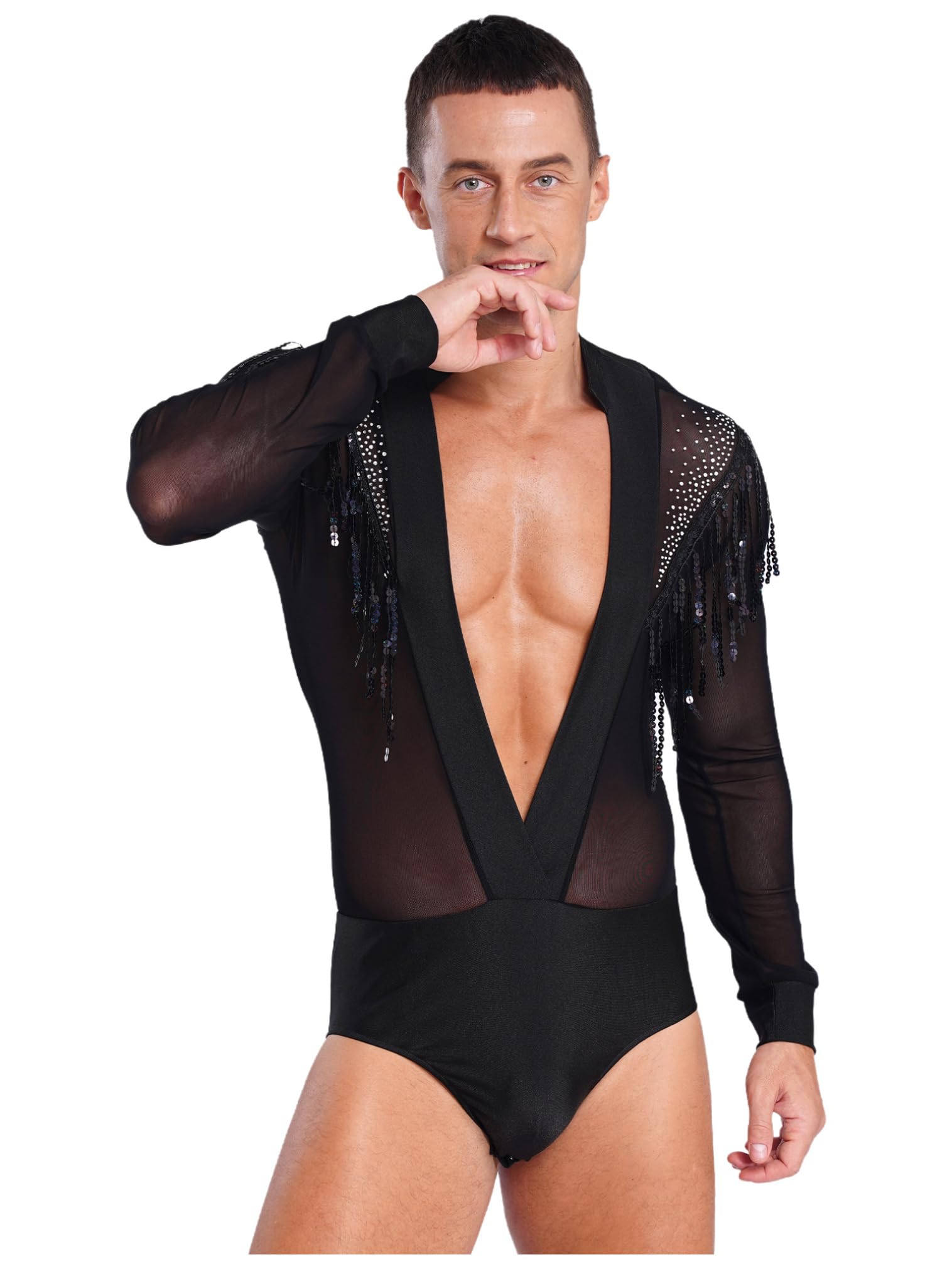 FEESHOW Men's Latin Dance Shirt - Sheer Mesh Patchwork Fringe Bodysuit for Salsa, Bachata, Tango - Modern Clubwear Performance Top for Dance Competitions & Nightlife