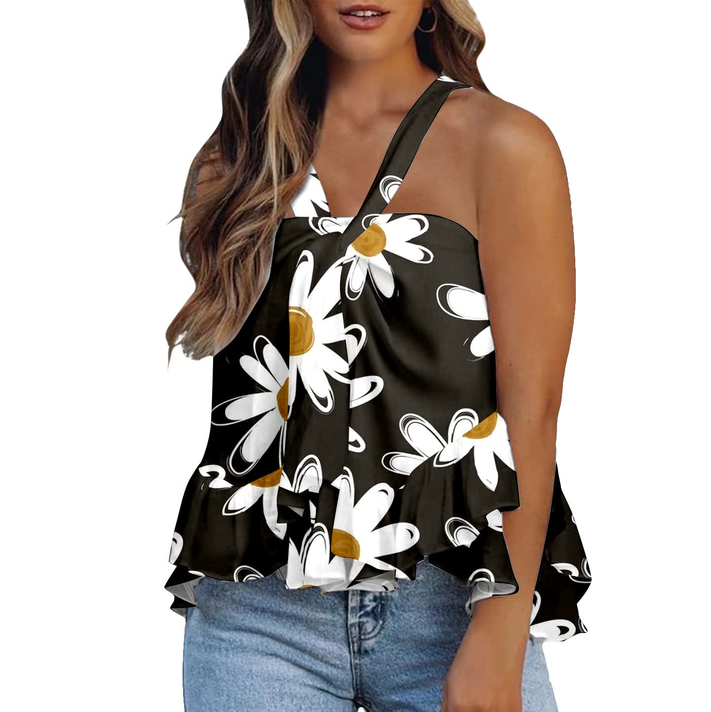 Plus Size Women's Casual Sleeveless Pleated Ruffle Hem Tank Top - Black XL for Summer Outings