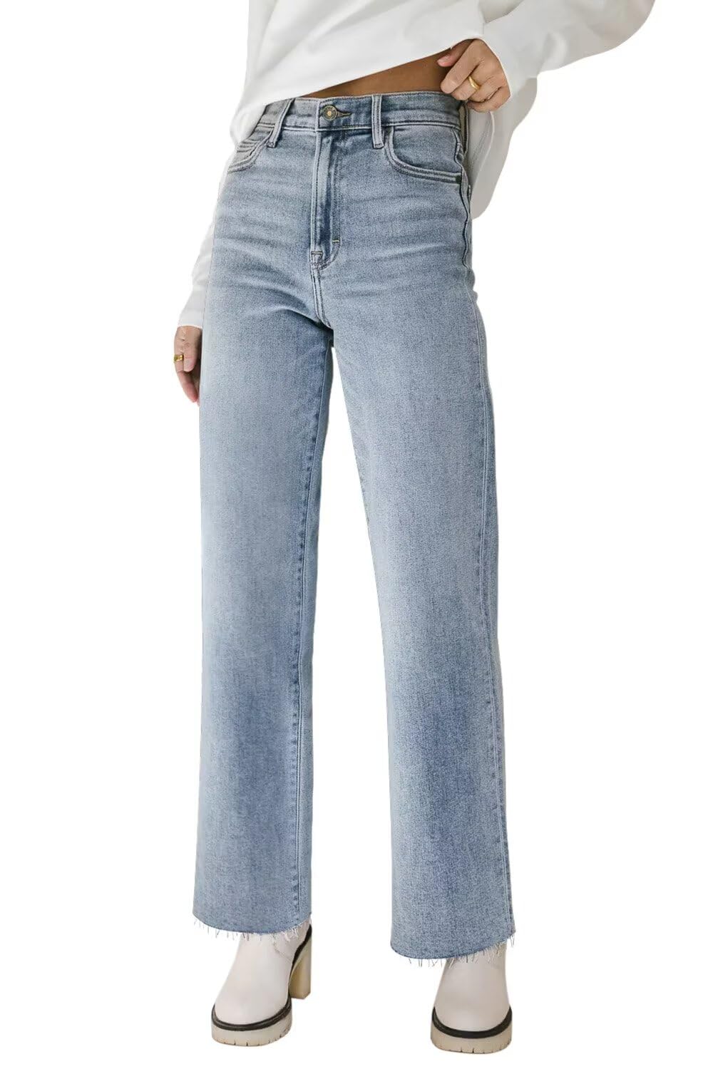 Women's High Waisted KDF Straight Leg Jeans - Frayed Raw Hem, Stretchy Loose Fit Cropped Wide Leg Baggy Pants | Perfect for Casual Outings, Streetwear Style & Everyday Comfort