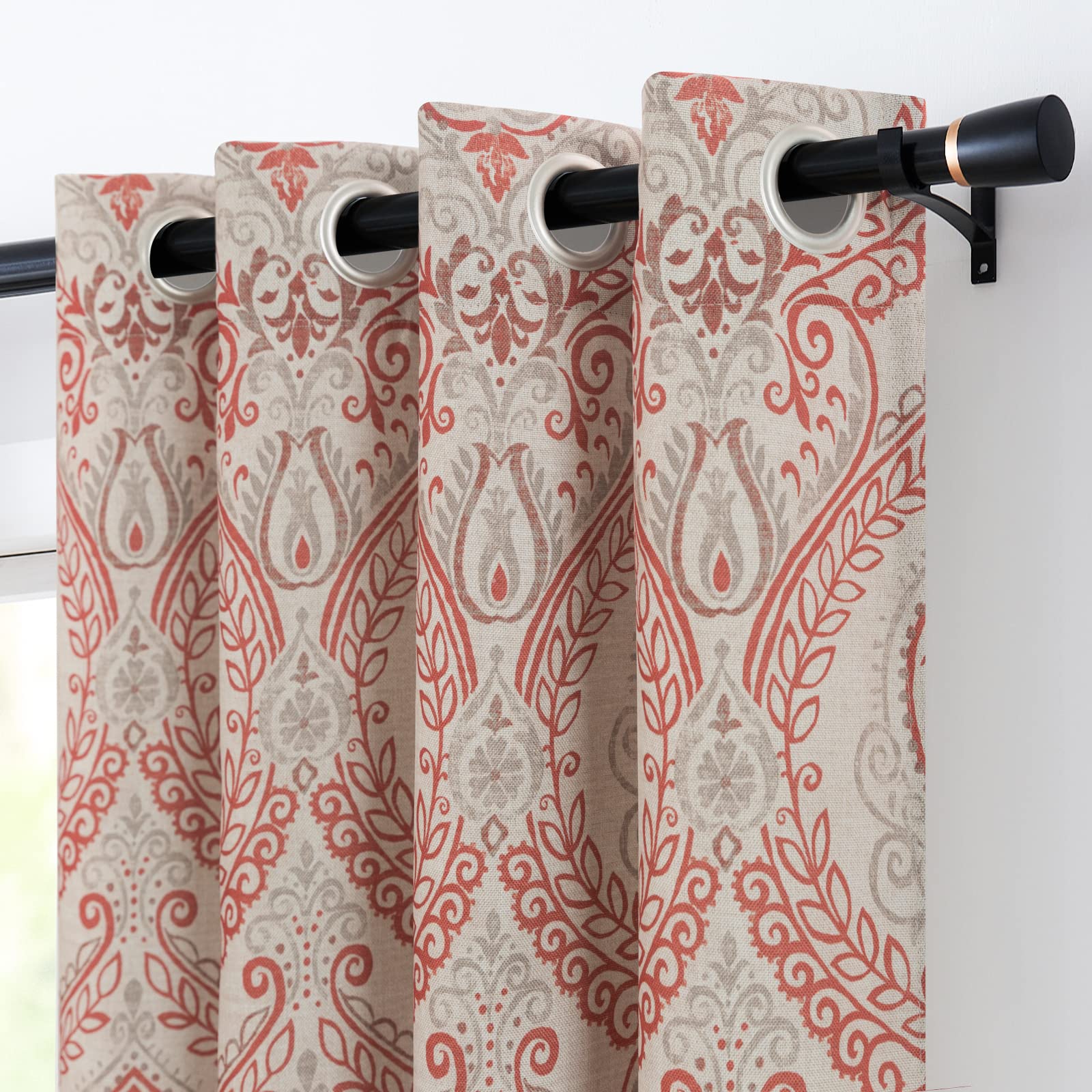 Vangao Vintage Retro Damask Paisley Medallion Print Blackout Curtains - 95 Inch Darkening Drapes for Bedroom & Living Room (2 Panels, Red on Beige) | Linen Textured Window Treatments for Home Decor & Light Control