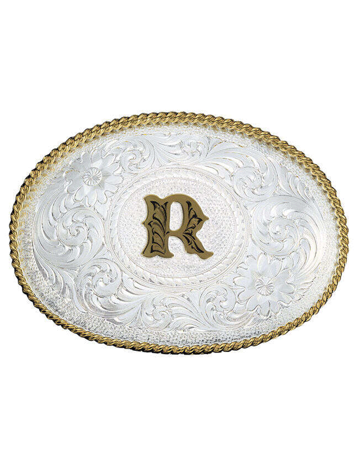 Montana Silversmiths 700 Initial Silver Engraved Gold Trim Western Belt Buckle for Men & Women - Perfect for Cowboy Boots, Jeans & Western Outfits