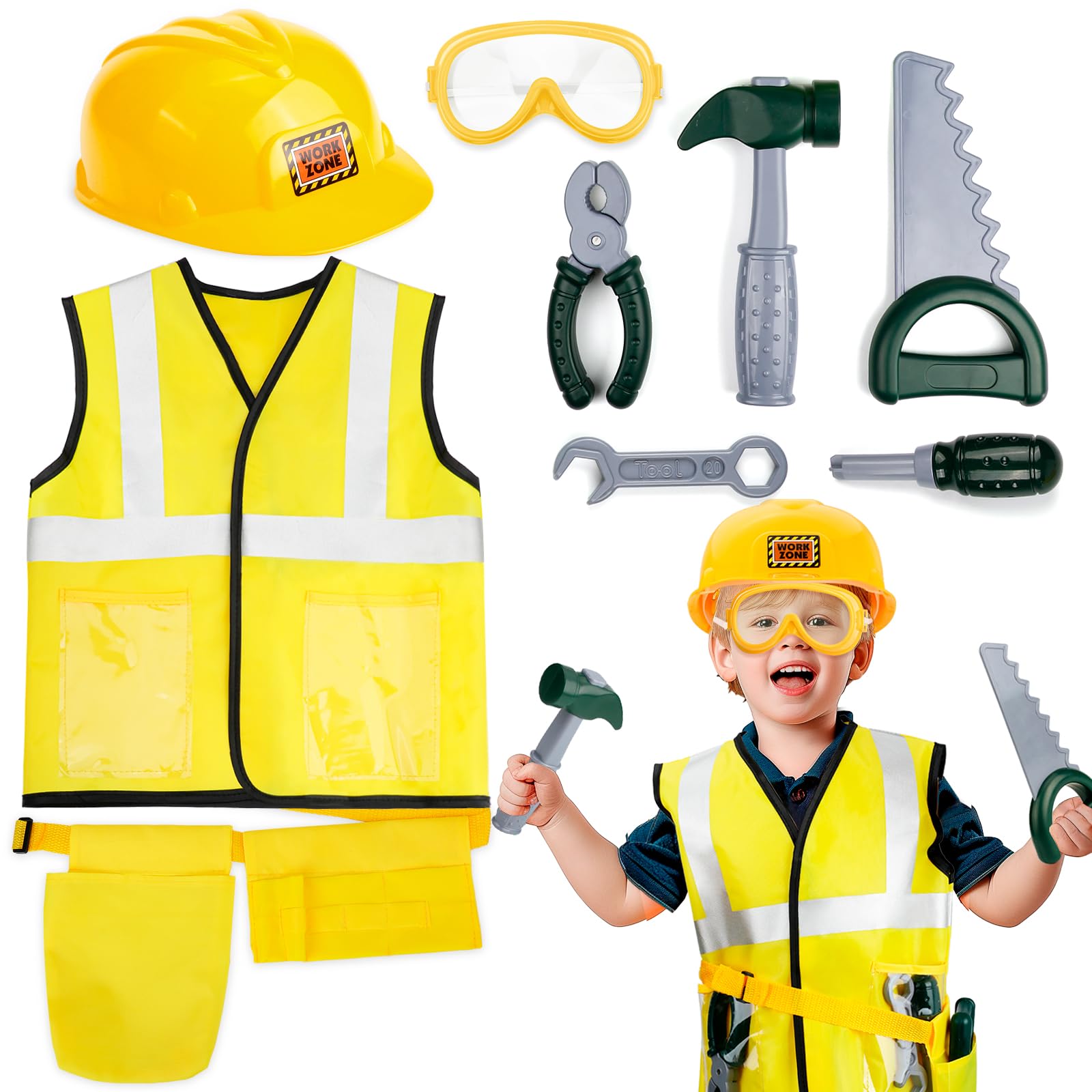 Kids Construction Worker Costume Set - Toddler Tool Kit with Adjustable Belt, Vest & Hat for Boys & Girls Ages 3-6 | Pretend Play Toys for Role-Playing & Early Learning