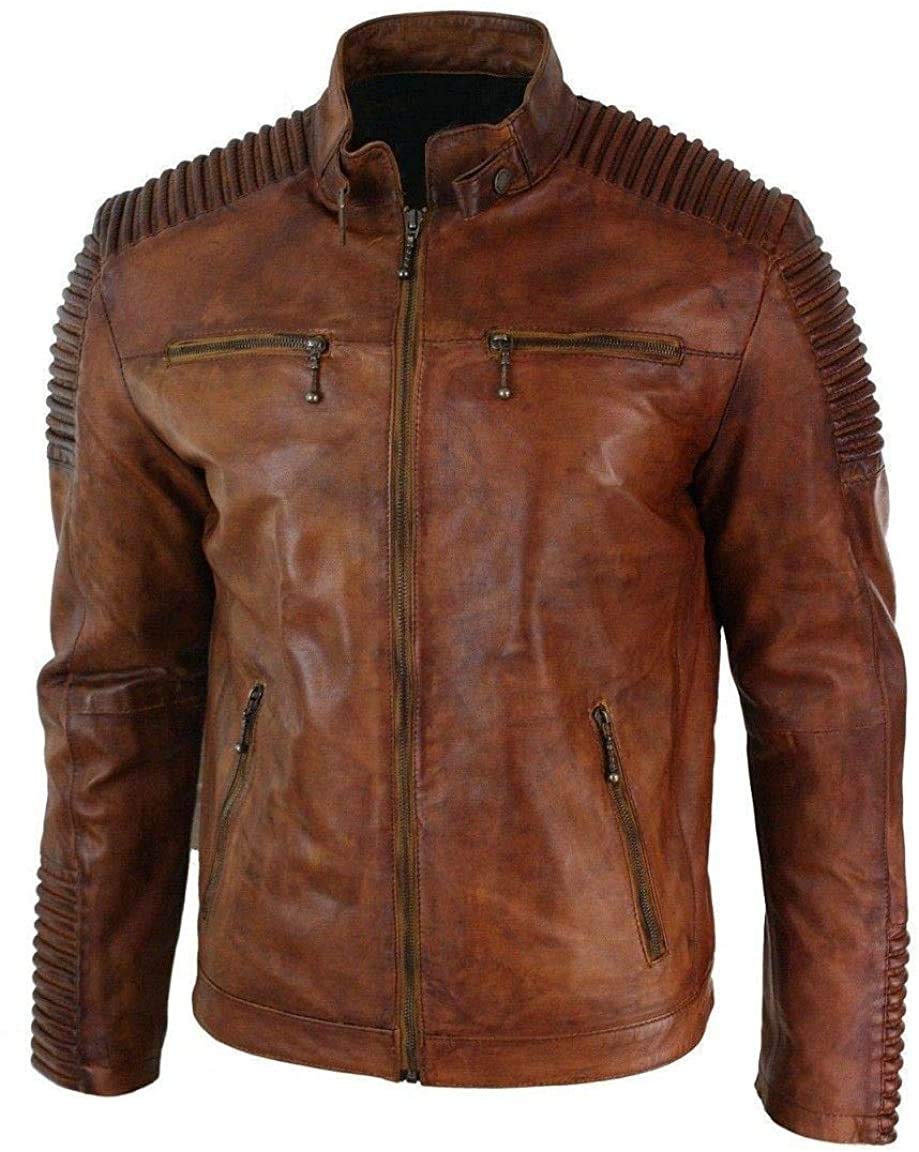 Waabastaa Distressed Brown Leather Jacket for Men & Women | Vintage Biker Style Motorcycle Jacket | Perfect for Casual Outfits, Night Outs & Motorcycle Rides