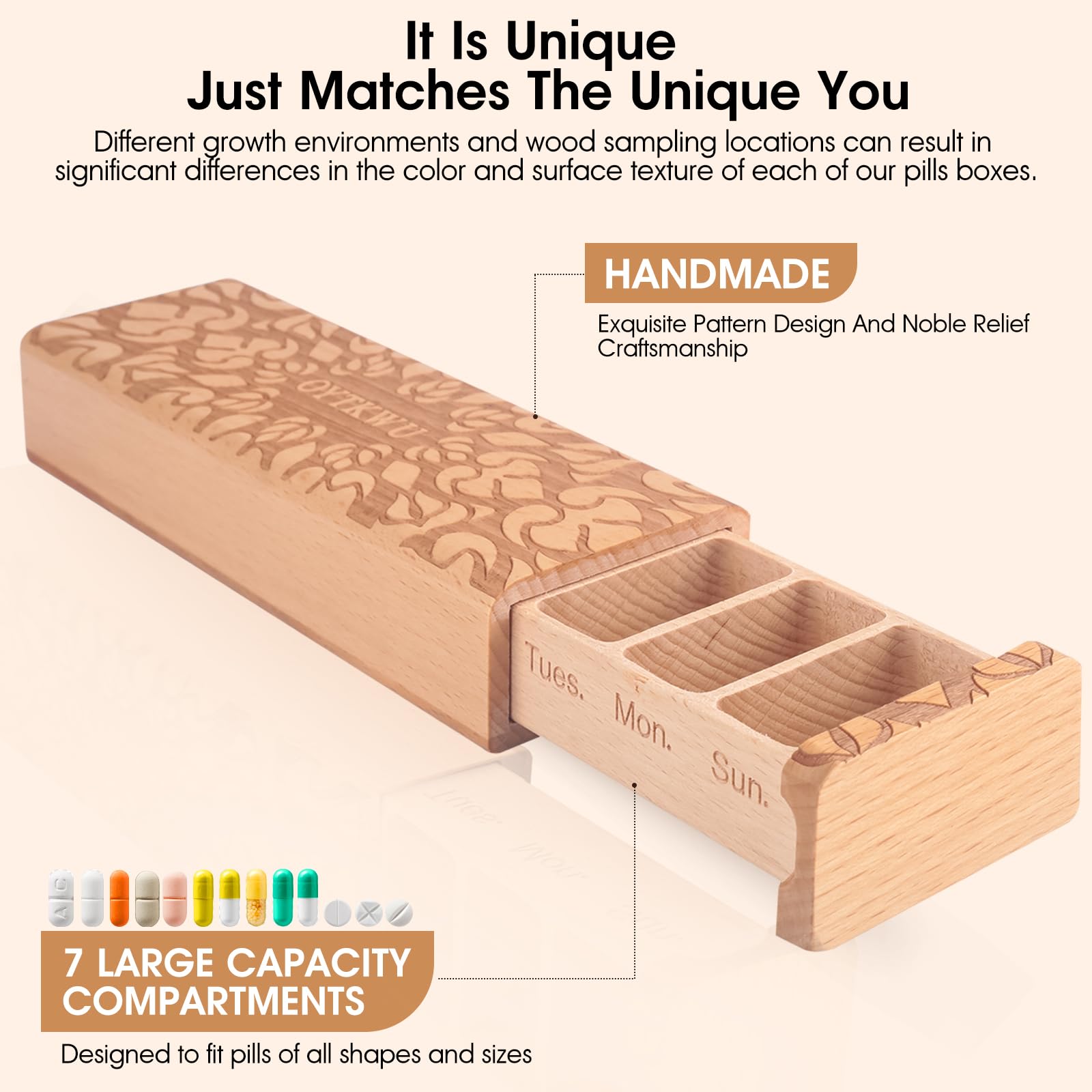 7-Day Wooden Weekly Pill Organizer - Daily Pill Box for Medication Tracking, Travel-Friendly & Safe (Beech) - Perfect for Home, Office, and Travel Use