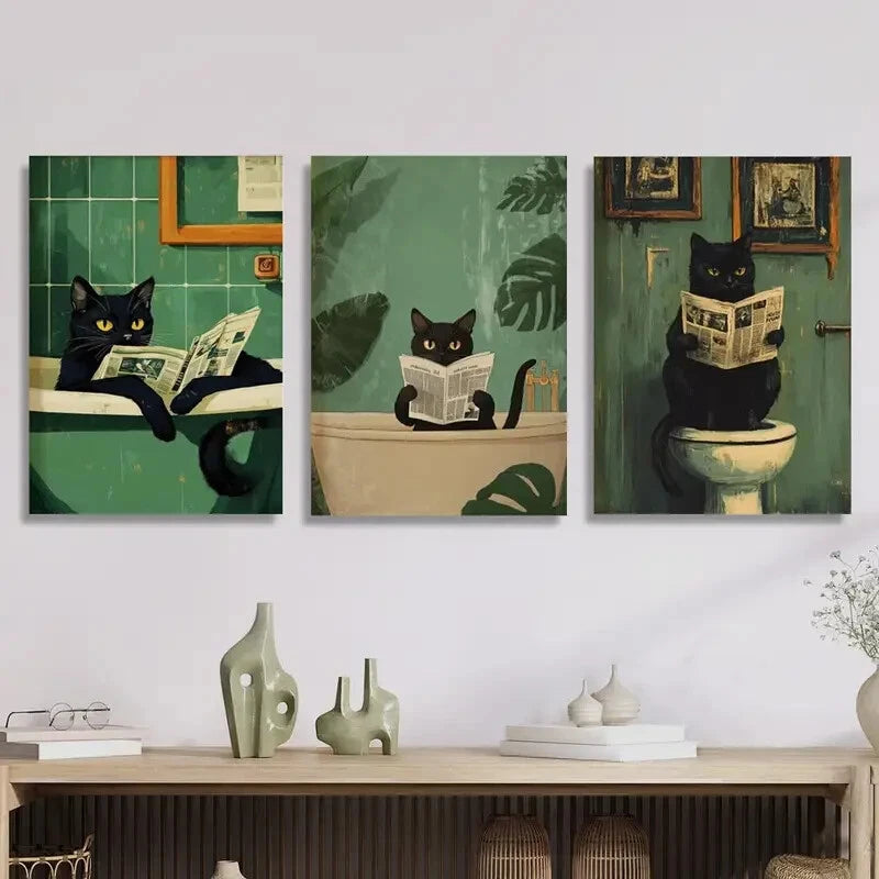 3-Piece Art Deco Black Cat Metal Wall Art Prints - Ready to Hang Home Decor for Living Room, Bedroom & Office