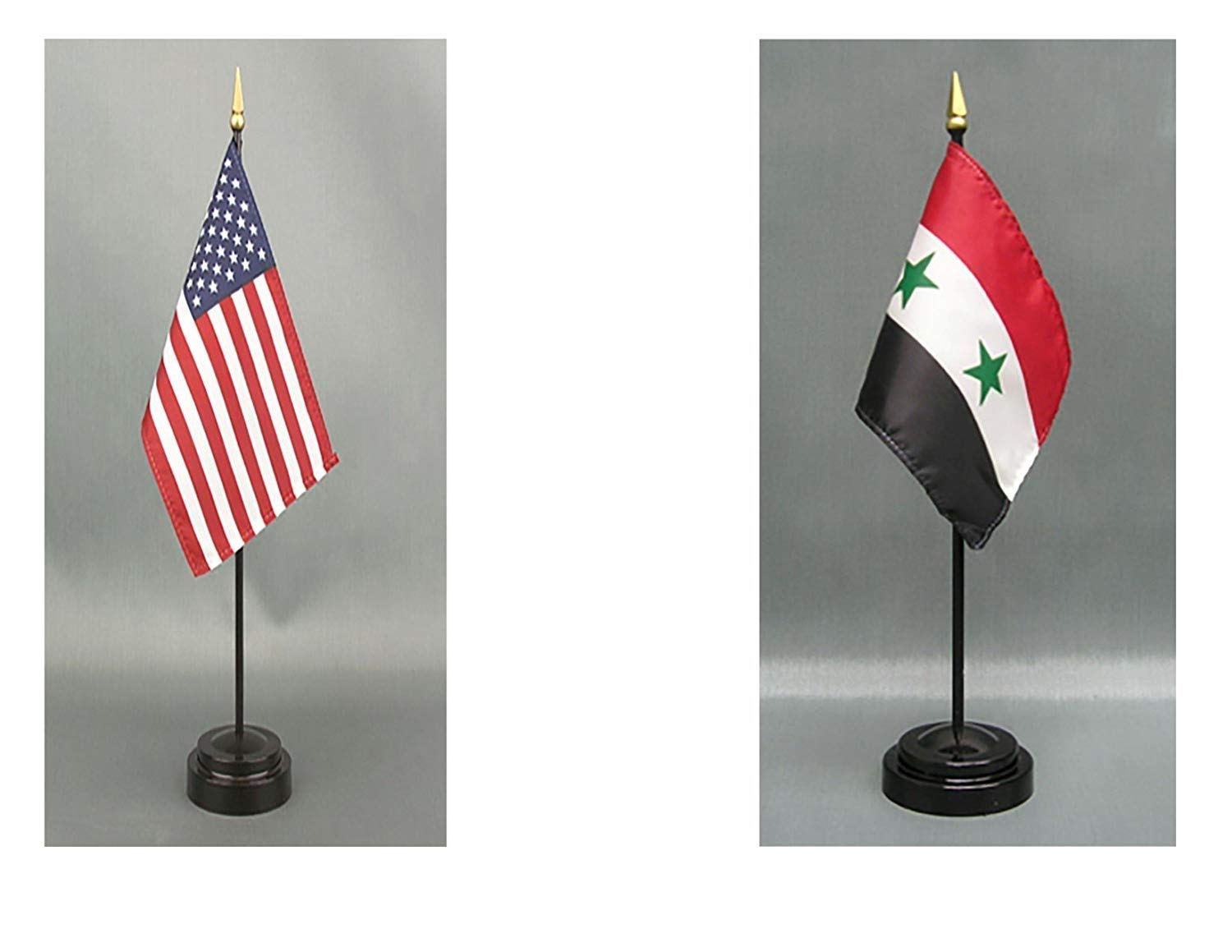 American Made Syria Desk Flag Set - 4x6 inch Rayon Office Desk & Hand Waving Table Flags with 2 Stands (USA & Syria Flags) - Perfect for Office Decor, International Events & Patriotic Displays