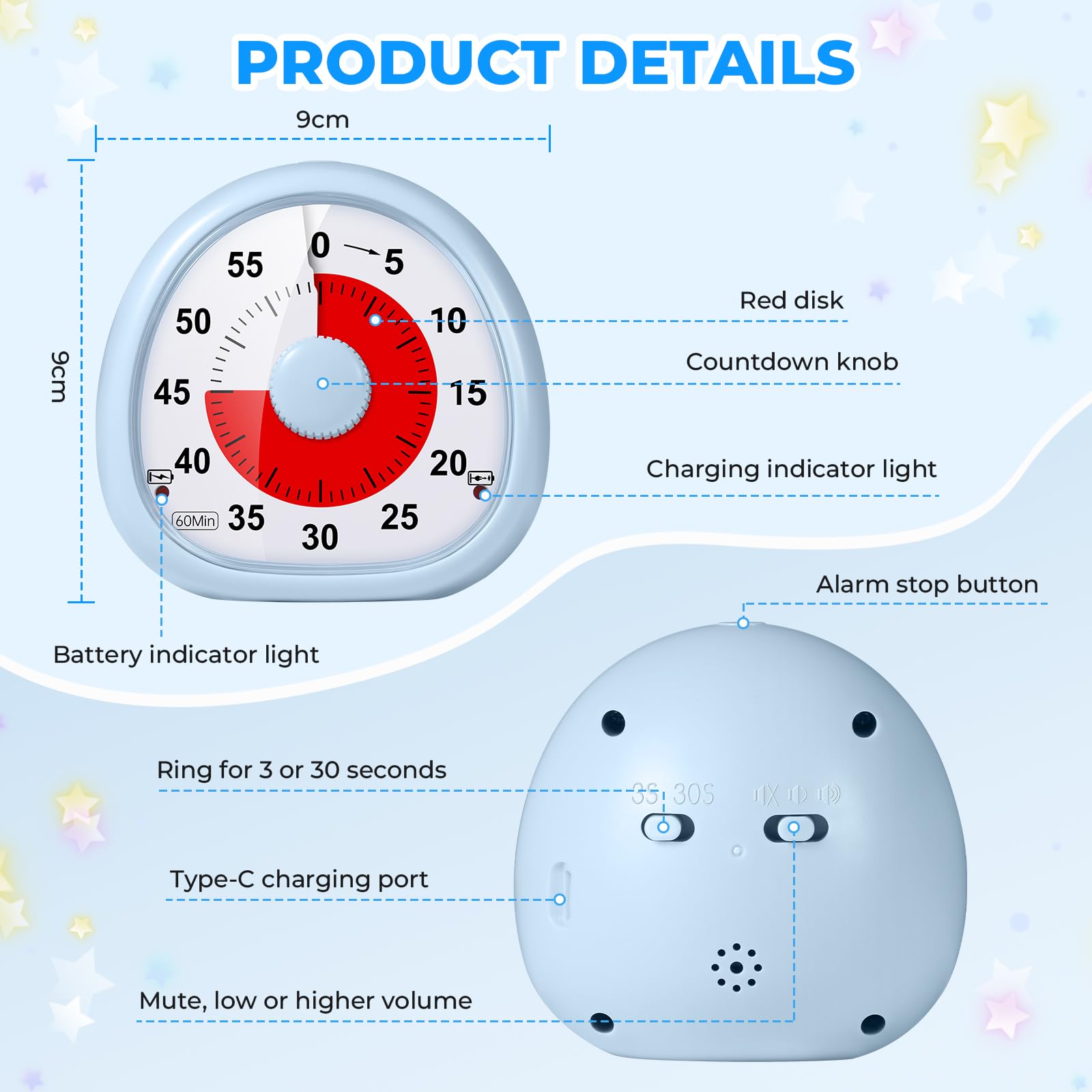 Rechargeable 60-Minute Visual Timer for Kids - Silent Countdown Clock, Time Management Tool for Classroom, Kitchen, Bathroom, Homework & Study (Blue) - Perfect for Focus, Chores & Learning Activities