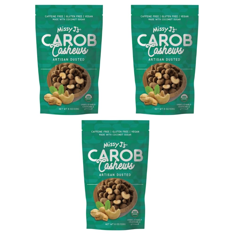 Organic Carob Covered Cashews 8oz (3 Pack) - Vegan, Gluten-Free, Dairy-Free Snacks - Healthy Chocolate Alternative for Parties, Gifts & On-the-Go Treats