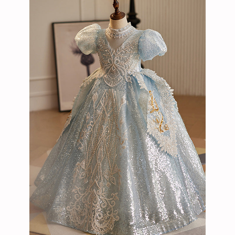 Elegant Light Blue Hollow Sequin Long Skirt for Baby Girls - Toddler Birthday Party Dress, Evening Gown for Special Occasions & Photo Shoots