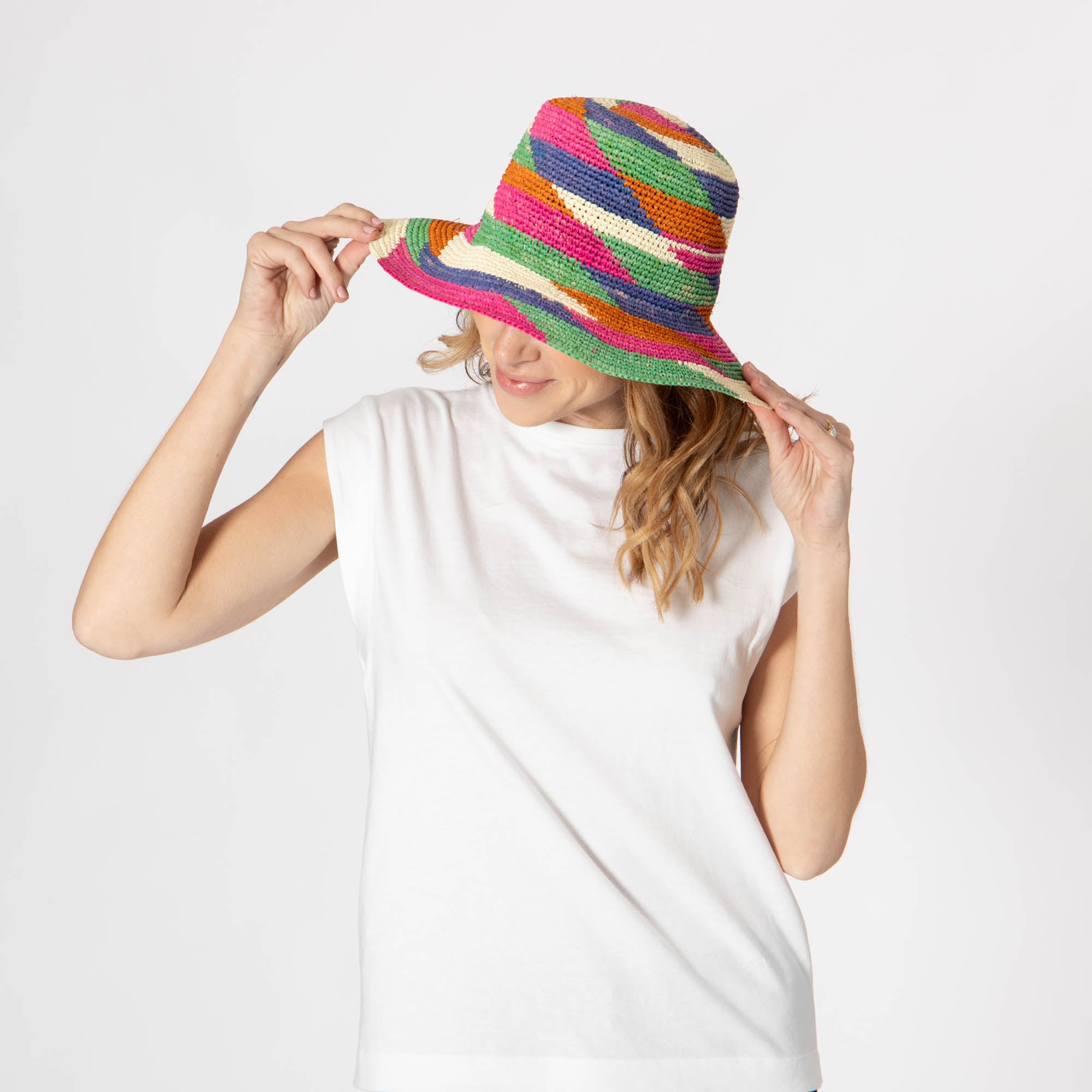 Lucia Mixed Crochet Raffia Bucket Hat for Women - Summer Beach Sun Hat with Wide Brim - Stylish Boho Straw Hat for Outdoor, Travel & Vacation