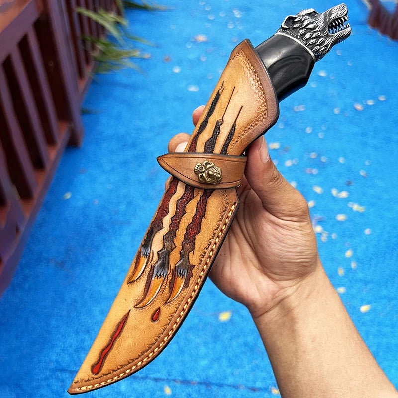 Premium Japanese Hunting Knife - VG-10 Damascus Steel Blade & Exotic Ebony Wood Handle - Ideal for Outdoor Adventures, Camping, and Bushcraft Activities