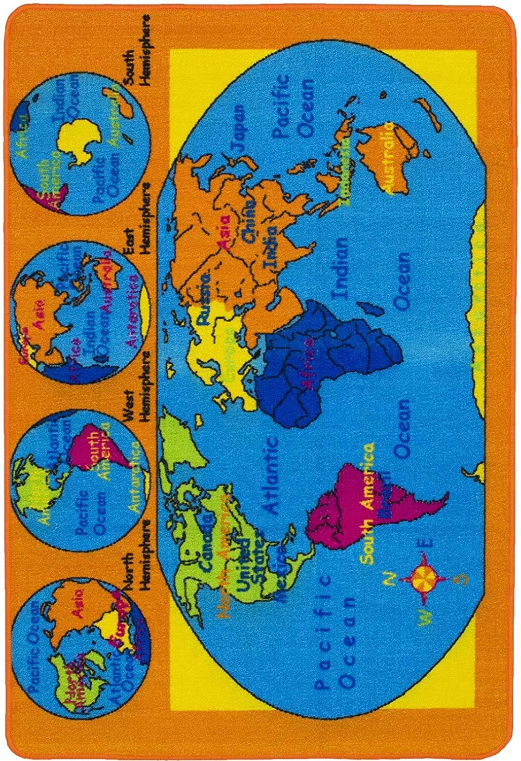 Educational Kids Area Rug - 8x10 Feet World Map Carpet with Continents, Hemispheres & Oceans | Perfect for Classroom, Playroom & Homeschool Learning
