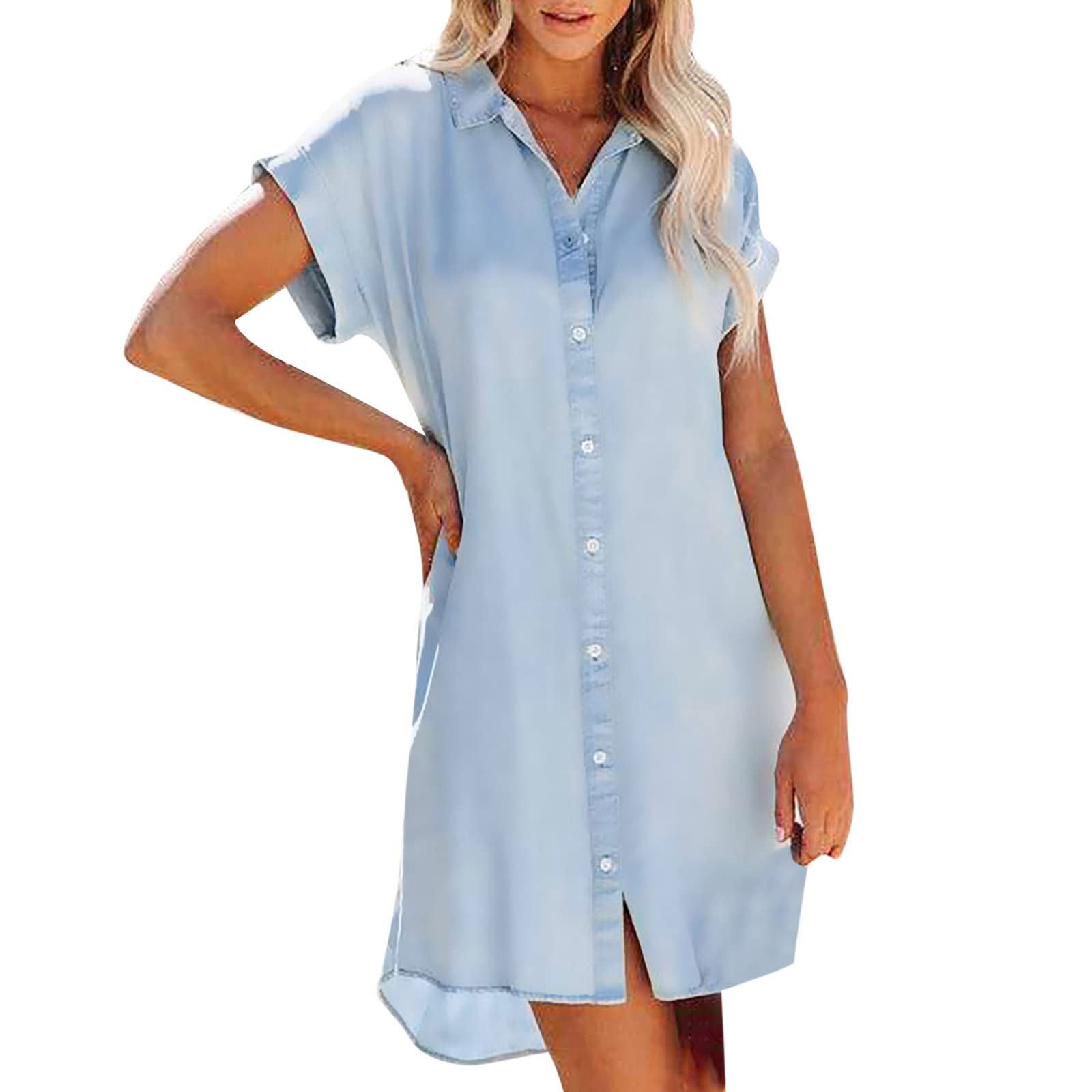 Ceimmol Women's Short Sleeve Button Down Lapel Shirt Dress - Elegant Mini Shift Dress for Summer Casual Wear | Perfect for Office, Date Night & Weekend Outings (Blue)